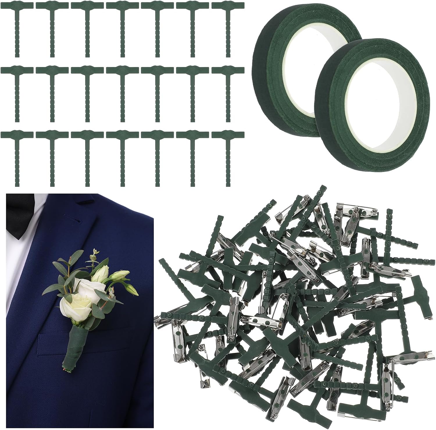 31Pcs Triangle Boutonniere Safety Pins with Flower Tape, T-Shaped Plastic Corsage Pins Safety Clips for Bride Groom, Tiny Boutonniere Supplies for Wedding Festivals Buttonhole Flowers Button Making