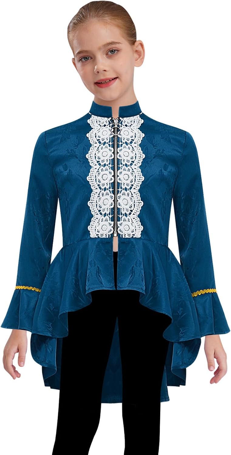 Kids Girls Medieval Vintage Long Sleeve Lace Flounce Jacket Coat Renaissance Victorian Steampunk Tailcoat