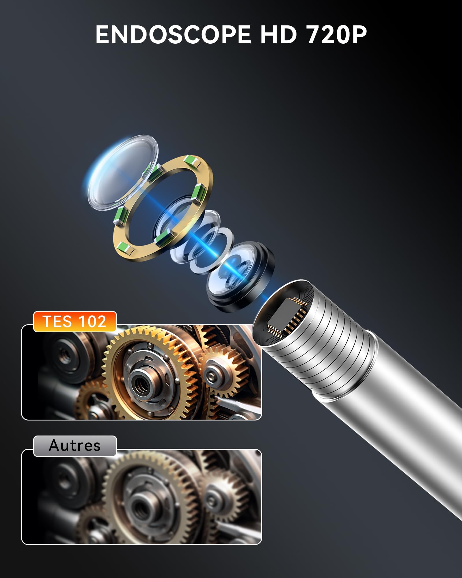 Caméra Endoscopique THINKCAR TES102 avec Éclairage, Endoscope HD de 0,21 Pouce avec 6 LED Réglables, Caméra Semi-Rigide Étanche IP67, Endoscope D'inspection avec Prise de Vue Instantanée en Un Clic