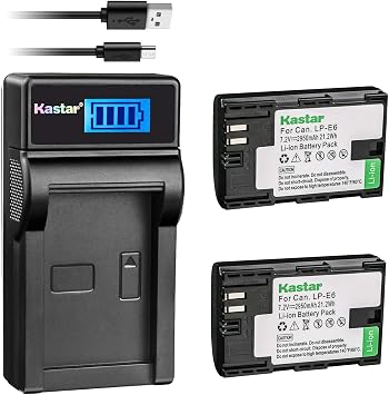 Kastar Battery & Slim LCD Charger for Canon LP-E6 LP-E6N, EOS 60D 60Da EOS 70D XC10 EOS 5D Mark II 5D Mark III 5D Mark IV, EOS 5DS 5DS R, EOS 6D 7D Mark II, BG-E14 BG-E13 BG-E11 BG-E9 BG-E7 BG-E6