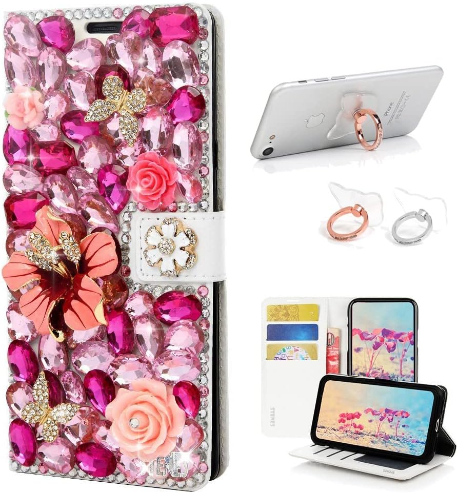 STENES Bling Wallet Phone Case Compatible with Samsung Galaxy Note 10 Plus - Stylish - 3D Handmade Camellia Flowers Crown Bowknot Leather Cover with Ring Stand Holder [2 Pack] - Black&White