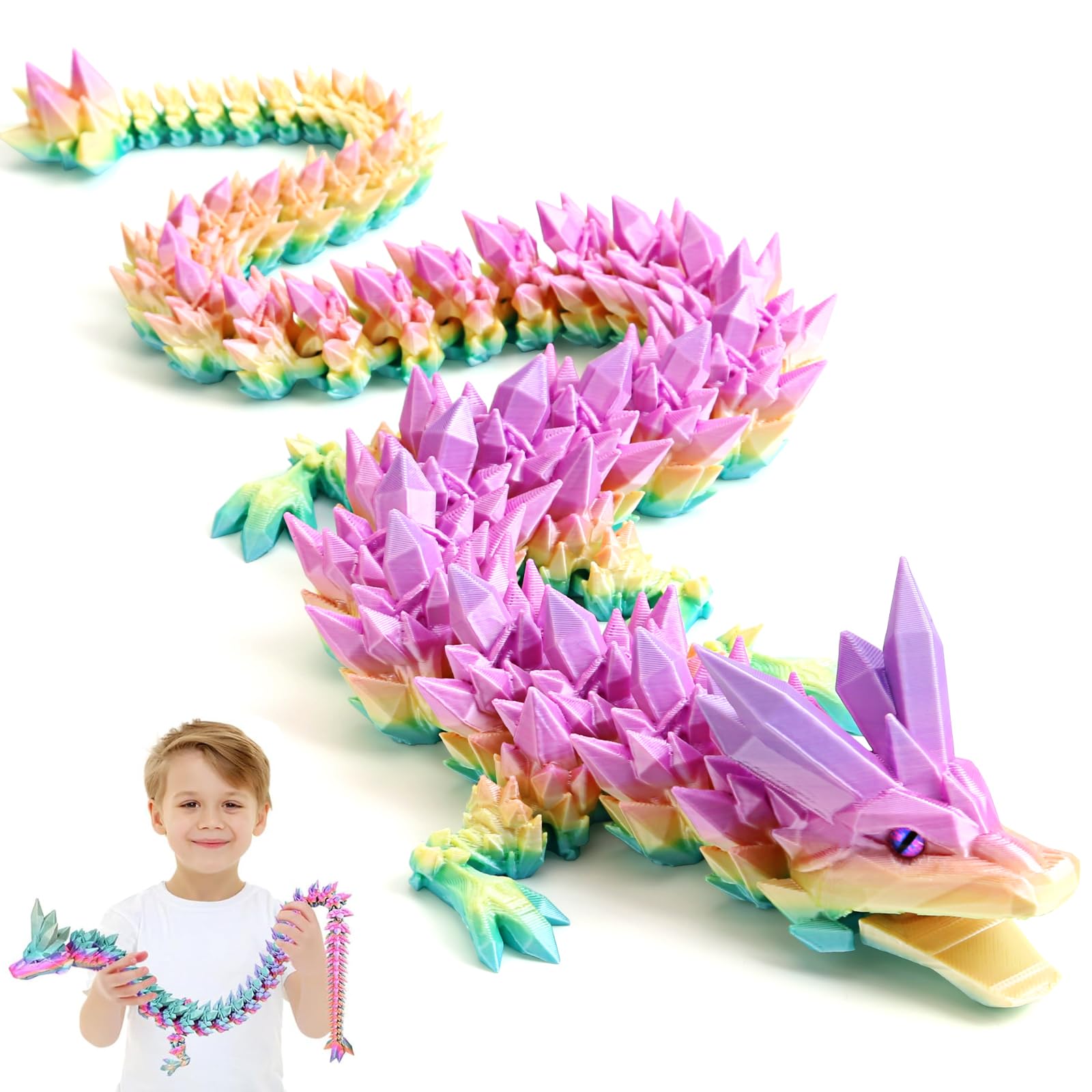 3D Printed Dragon Toys with Eyes, Bendable and Flexible Big Fidget, 24 inches Dazzling Gradient Crystal Wyrm, Articulated Gem Serpent Figure for Home Office Decor (Mystical Colorful Dragon)
