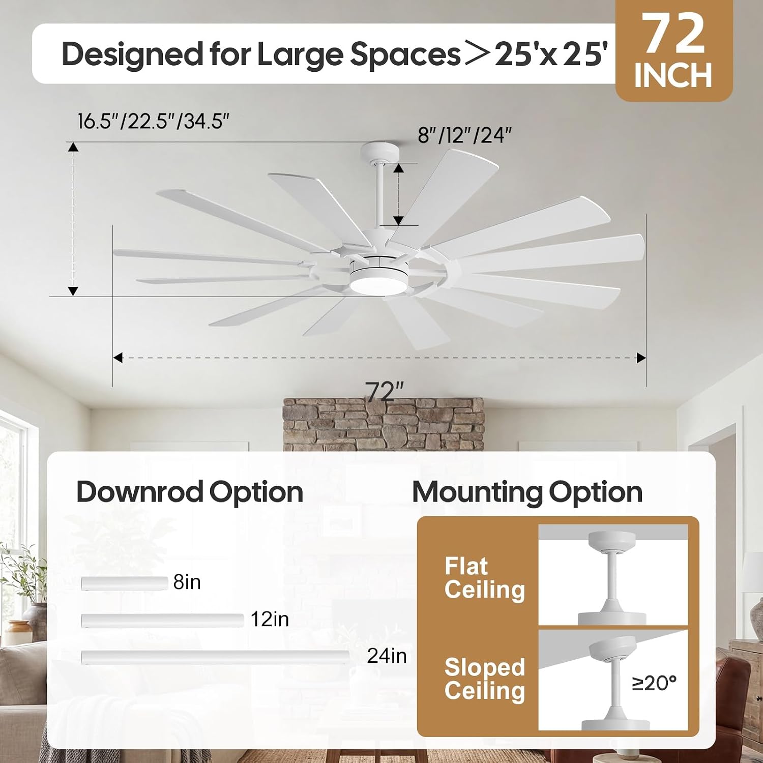 72'' White Outdoor Ceiling Fan with Light,12 Dual-Finish Wind Mill Blades, 3 Downrods, Reversible Motor, High Airflow, Indoor Outdoor Modern Farmhouse Fan for High Space Patio Commercial Shop Barn