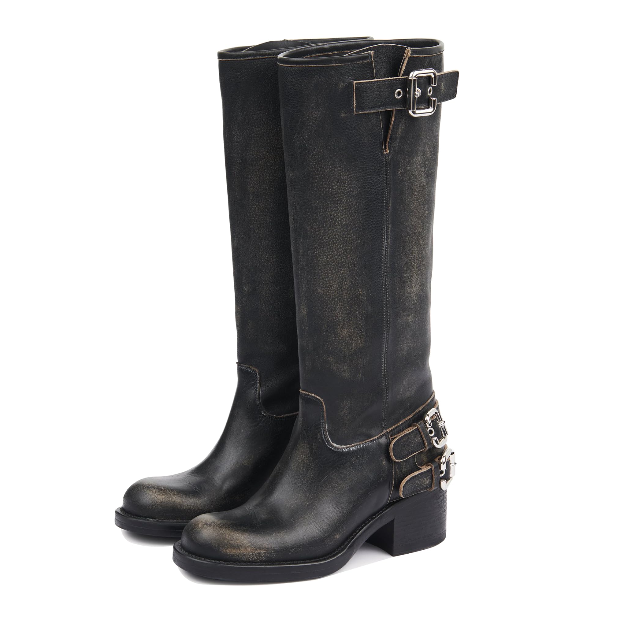 Goolita Buckle Biker Boots Women Square Toe Chunky Heel Moto Knee High Boots Retro Slip On Motorcycle Riding