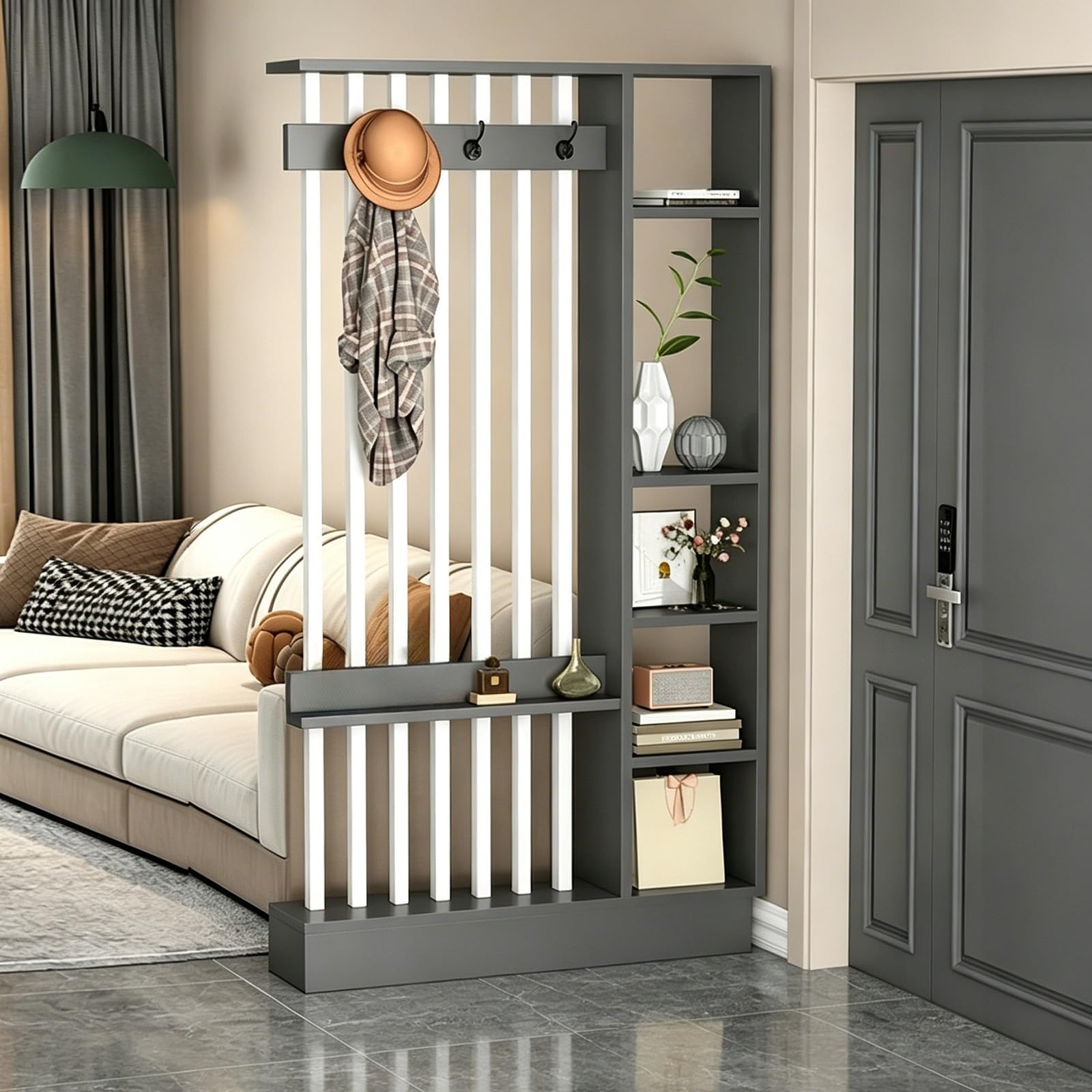 Wall Room Divider, Freestanding Slat Partition with Coat Rack & Shelves, Modern Privacy Screen for Entryway, Living Room and Hallway(Gray+White,100cm/39.4in)