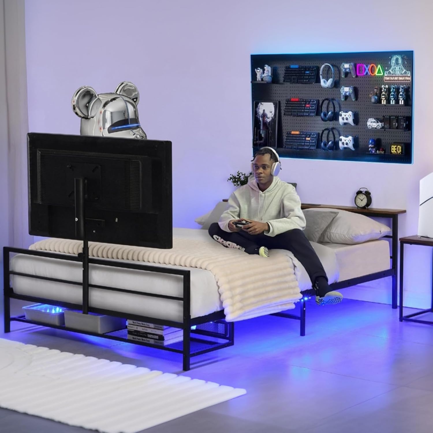 Black Gaming Bed Frame, Gamer Bed with Rotating TV Mount, Full Size Teen Boy Beds with Storage, TV Beds with LED Lights, Metal (Full)
