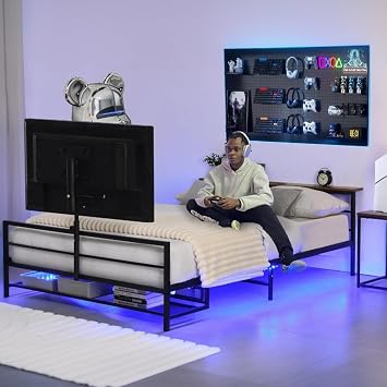 Metal Gamer Bed with Rotating TV Mount, Black Gaming Bed Frame & Smart Bed with LED Lights, Full Size Teen Boy Bed & TV Bed with Storage, Gifts for Gaming Players Full