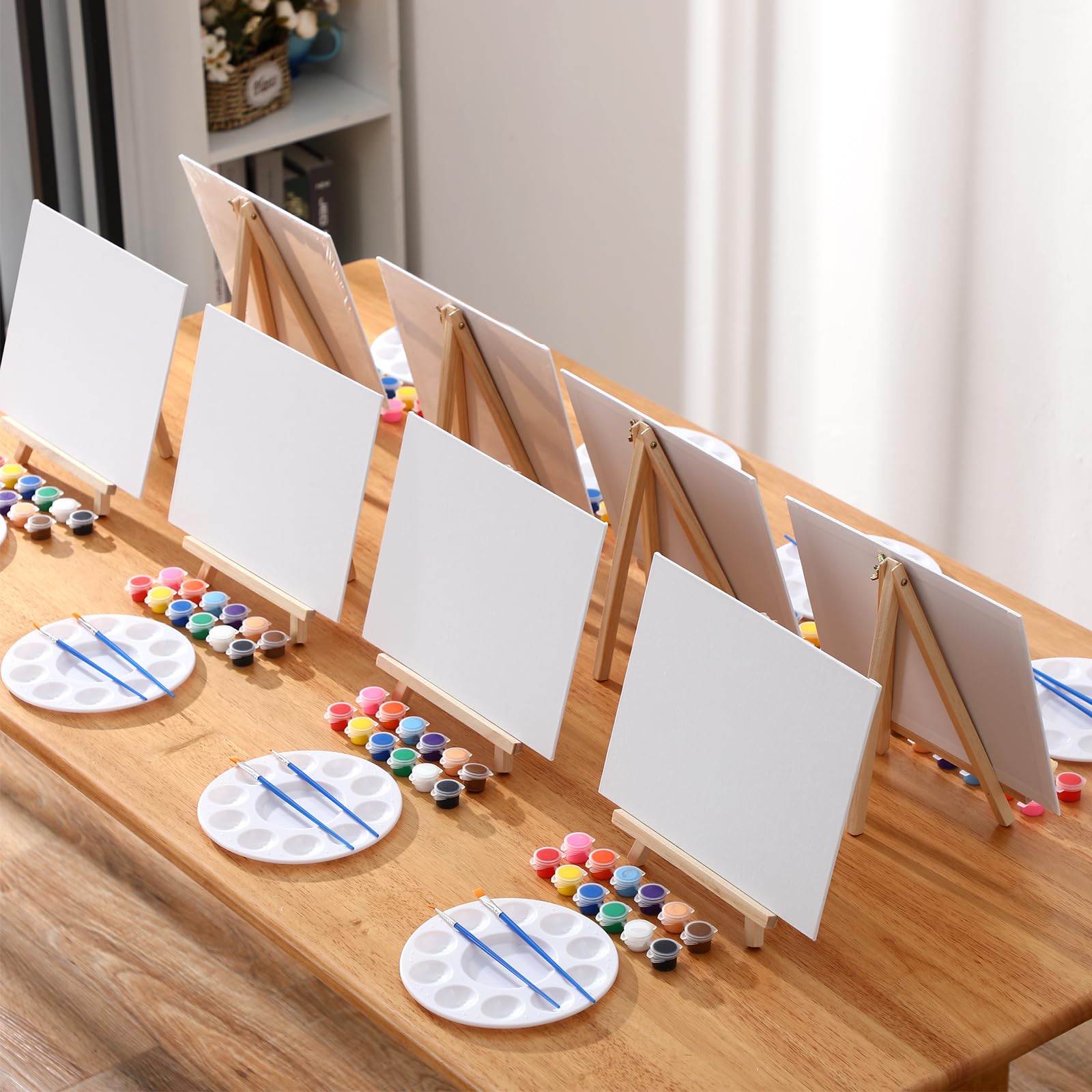 Qilery Juego de 24 tableros de lienzo y caballete de 8 x 10 pulgadas para pintar, tiras de pintura acrílica, paletas, pinceles, lienzos, kits de pintura para niños, adultos, artistas, principiantes