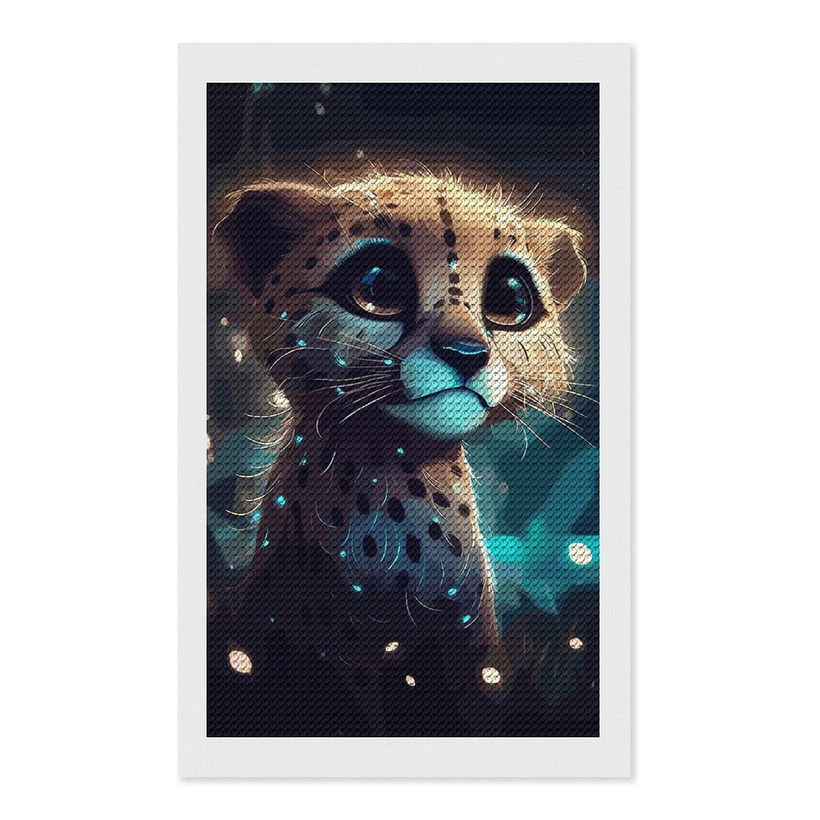 Junmoney Cheetah Cub in The Night Diamond Art Canvas 12"x20", for Adults, Mindful Craft Activity, Modern Decor, Christmas Gift, Full Kit Included