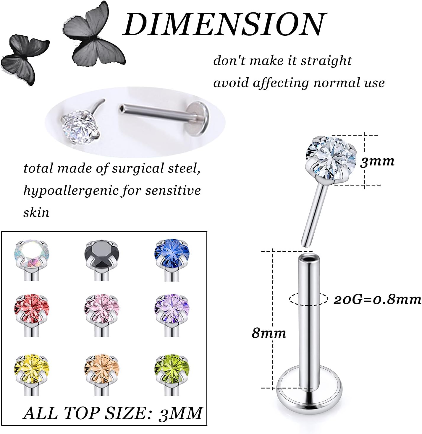 Vsnnsns 16G 18G 20G Threadless Push in Lip Rings Stainless Steel Flat Back Nose Rings Studs Earrings Tragus Helix Conch Cartilage Lobe Earrings Stud Piercing Jewelry for Women Men Diamond CZ Silver - Image 2