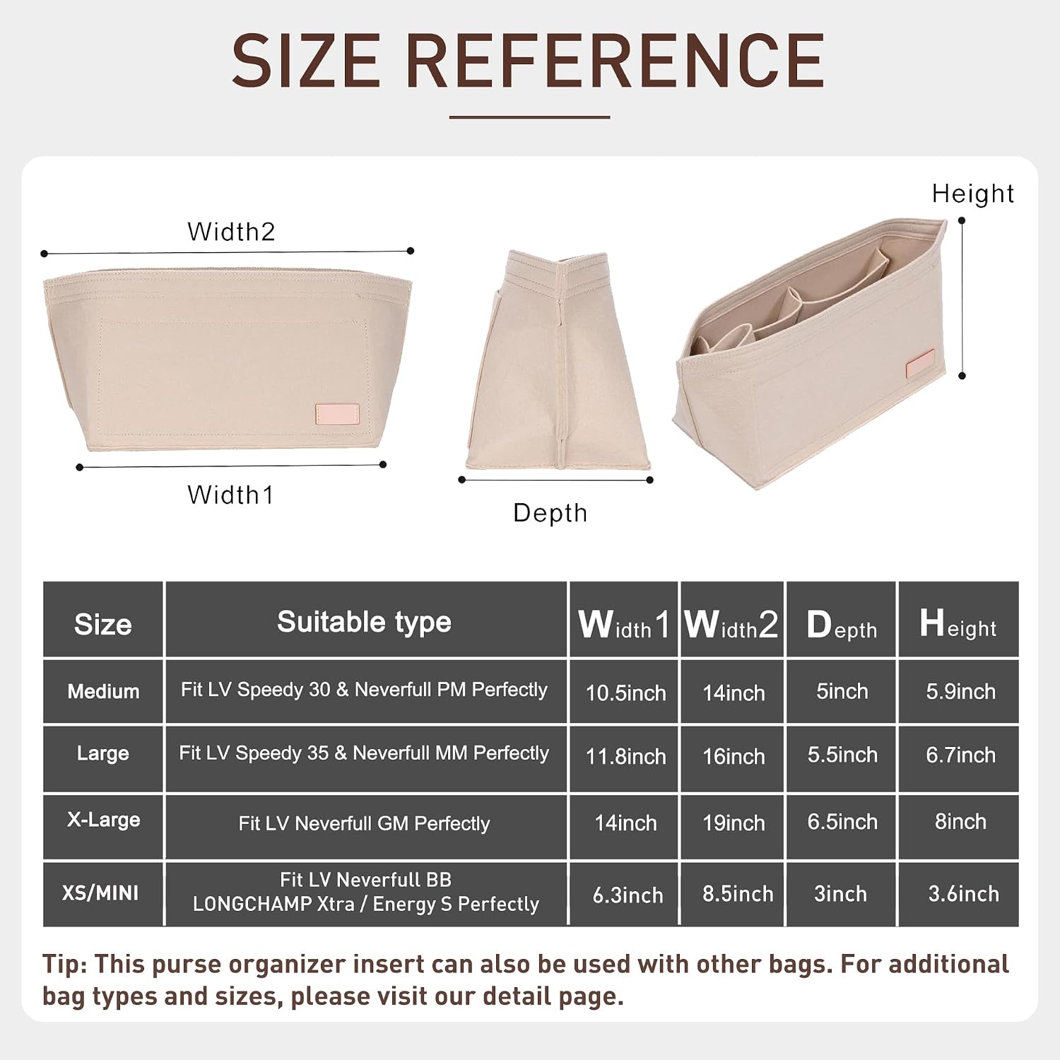 Purse Organizer Insert, Felt Zipper Small Tote Handbag Organizer Compatible with neverfull BB, mini anjou, energy xs and More,Beige/XS image 2