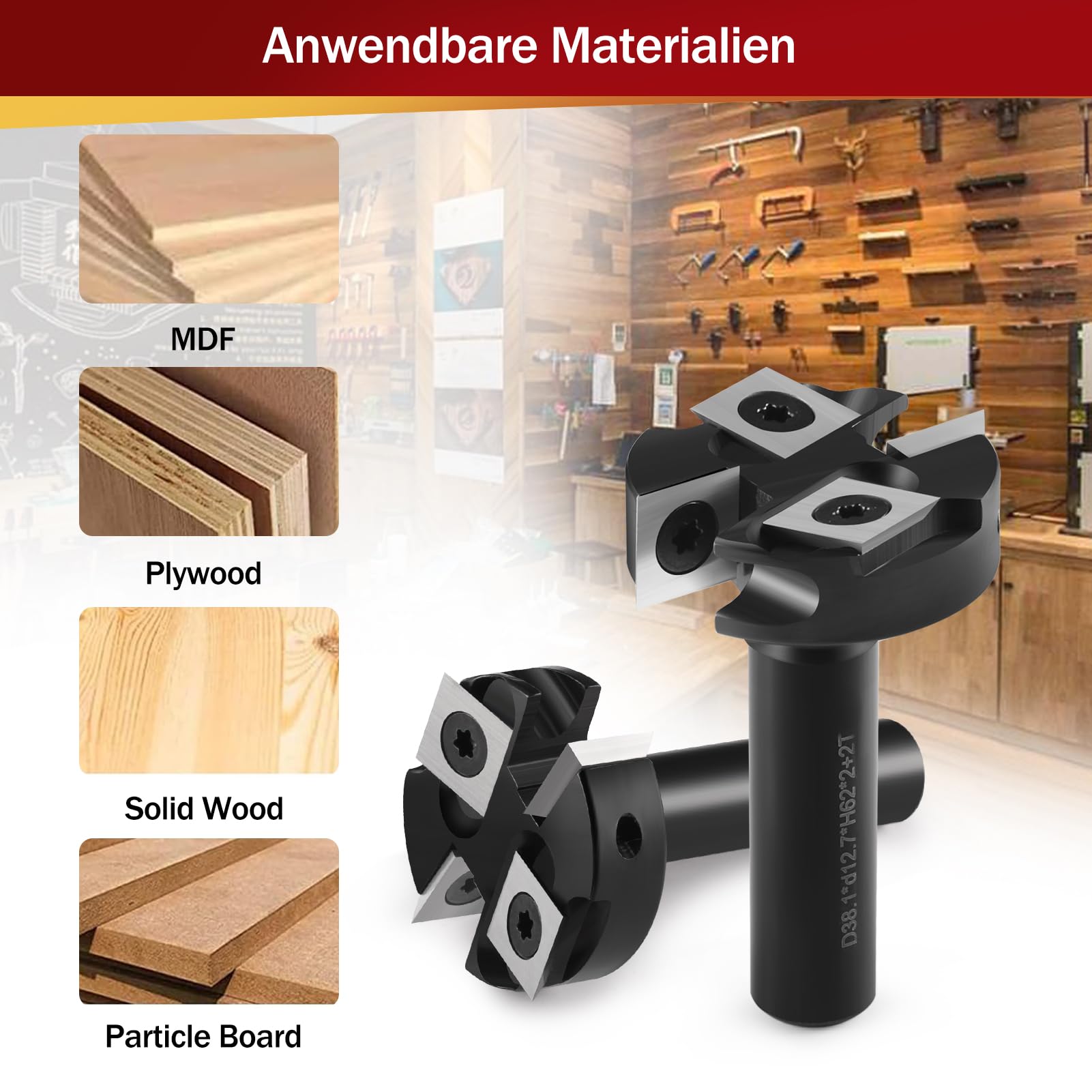 Punta per fresatrice CNC per superfici con codolo da 1/2", diametro di taglio 3,8 cm, 2+2 scanalature, inserti in carburo per pialla in legno di carburo, con 10 inserti indicizzabili (12 x 12