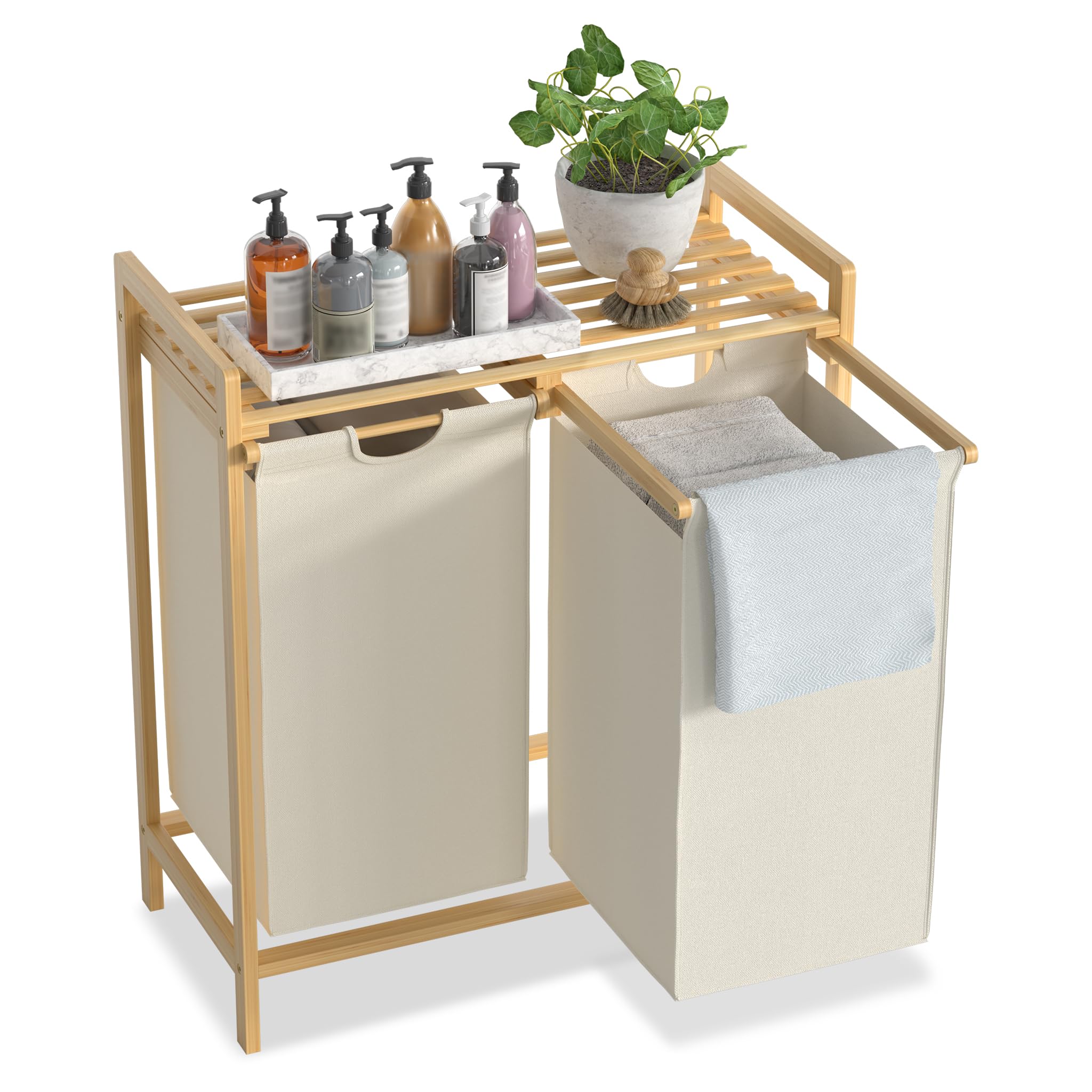 2 scomparti Cestino per biancheria in bambù, organizer per biancheria con ripiani, contenitore per biancheria 36L, 2 pezzi, sistema di ordinamento biancheria, scatola per biancheria, 73 x