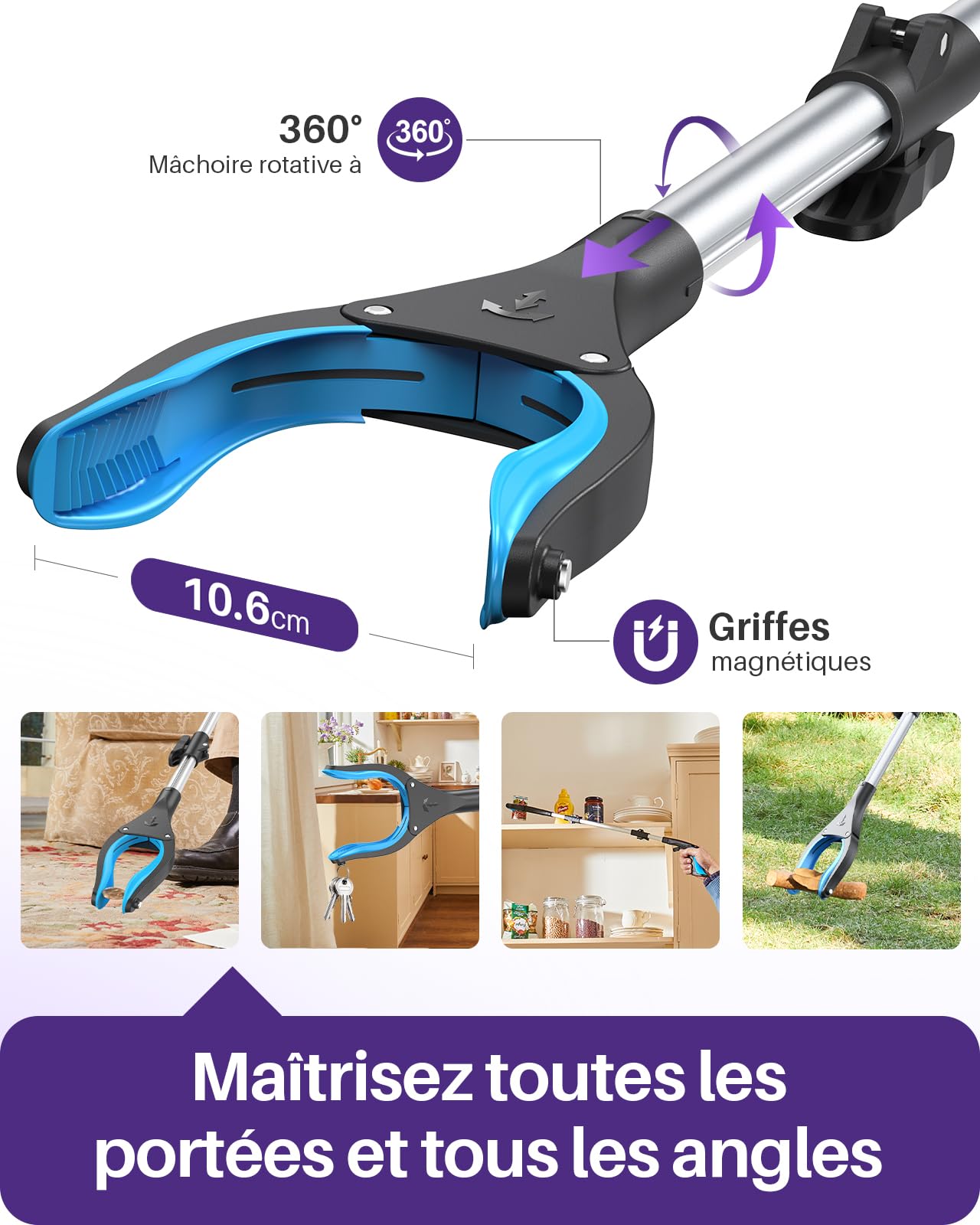 Kekoy Pince Téléscopique à Déchets Aluminium - Outil de Ramassage Pliable & Rotative, Bras de Prise Extra Long, Aide pour Personnes Âgées avec Pointes Aimantées (110 cm 2 paquet Bleu Glacier)
