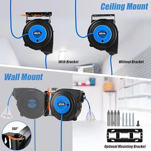 Miniatura 4 de SURAIELEC Carrete de cable de extensión retráctil de calibre 12, cable de alimentación resistente SJTOW de 45 pies 12 AWG3C, 3 salidas de triple