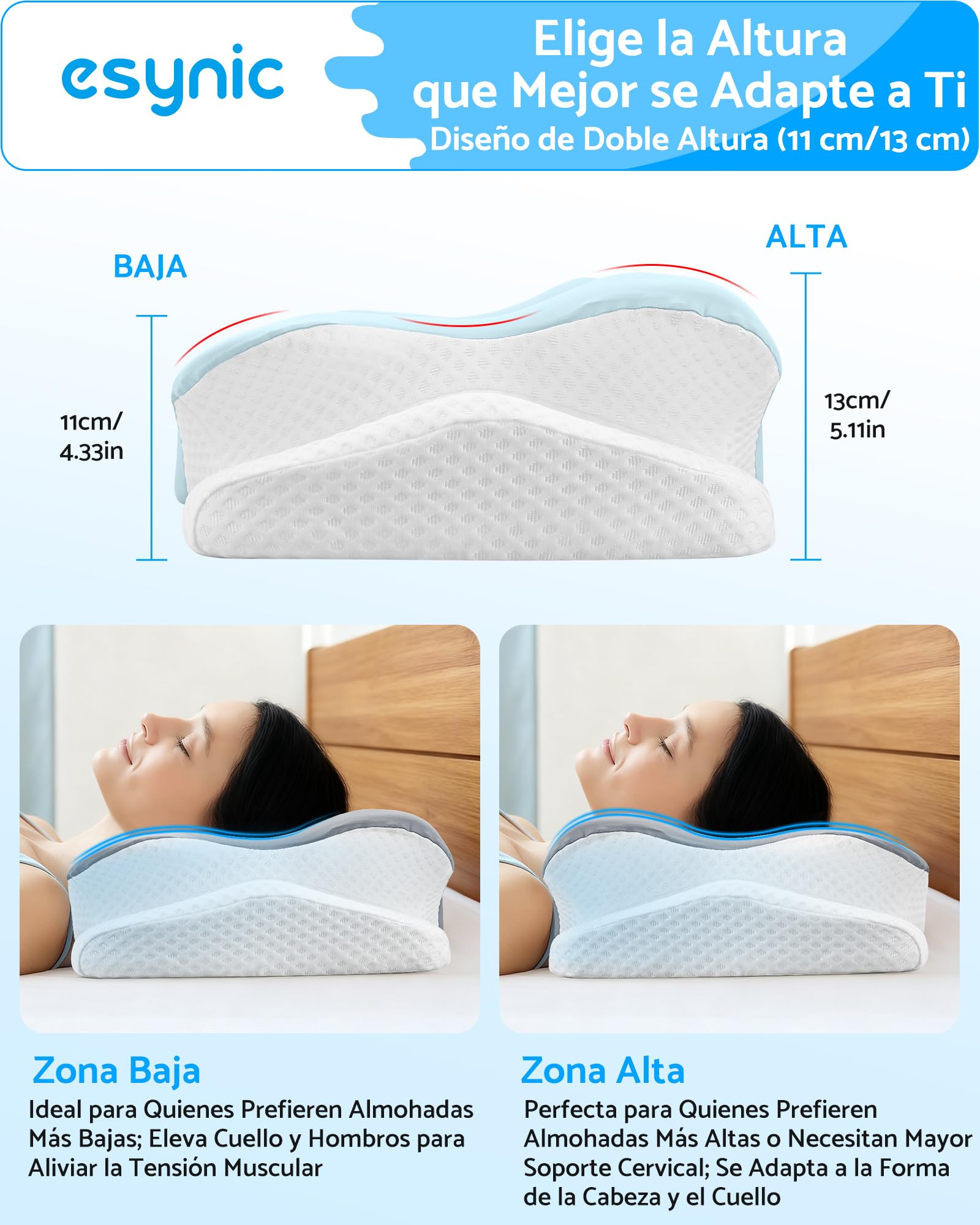 eSynic Almohada Viscoelástica Ergonómica para Cuello y Cervical Cojín Ortopédico de Espuma de Memoria con Doble Altura 11/13 cm Almohada para Dormir de Lado y Boca Arriba Funda Transpirable y Lavable