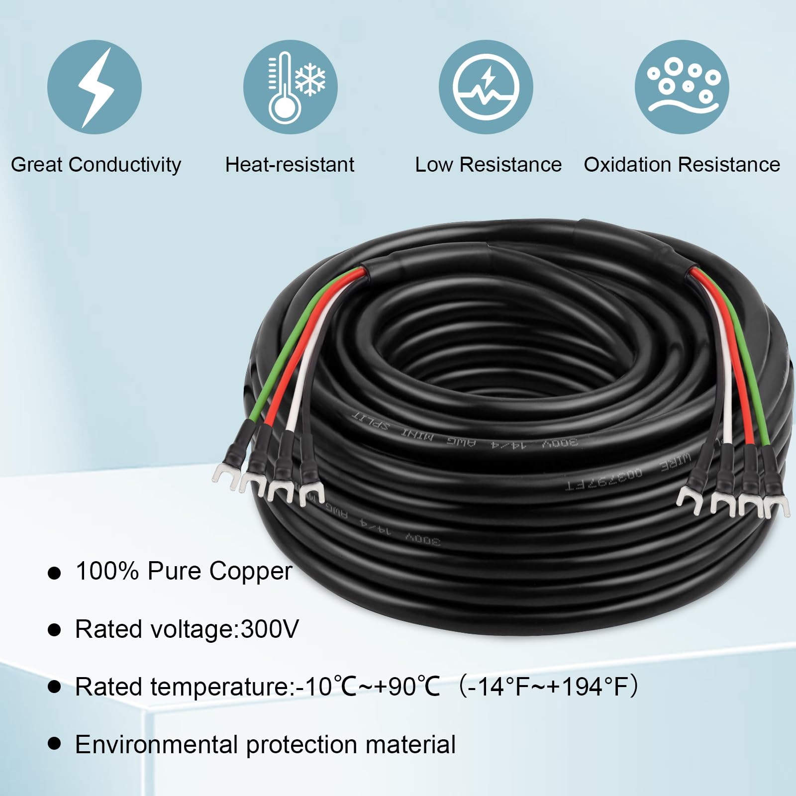 MOOKEERF Mini-rozdzielany kabel 14/4 AWG, 14 AWG, 4-żyłowy kabel sterujący, 300 V, skrętka beztlenowa z czystej miedzi do mini klimatyzatora, pompy ciepła, systemów HVAC i systemów głośnikowych