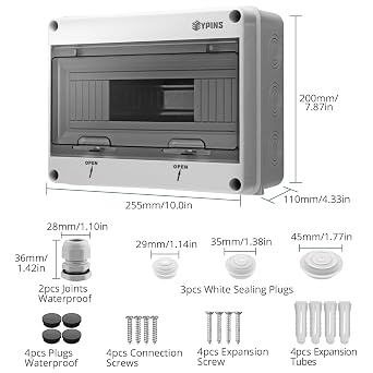EYPINS 12 Way Consumer Unit, Distribution Protection Box, IP65 Waterproof Electrical Power Cord Enclosure with Plug and Seal, Wall Circuit Breaker, Fuse Box Indoor Outdoor, CE Certification