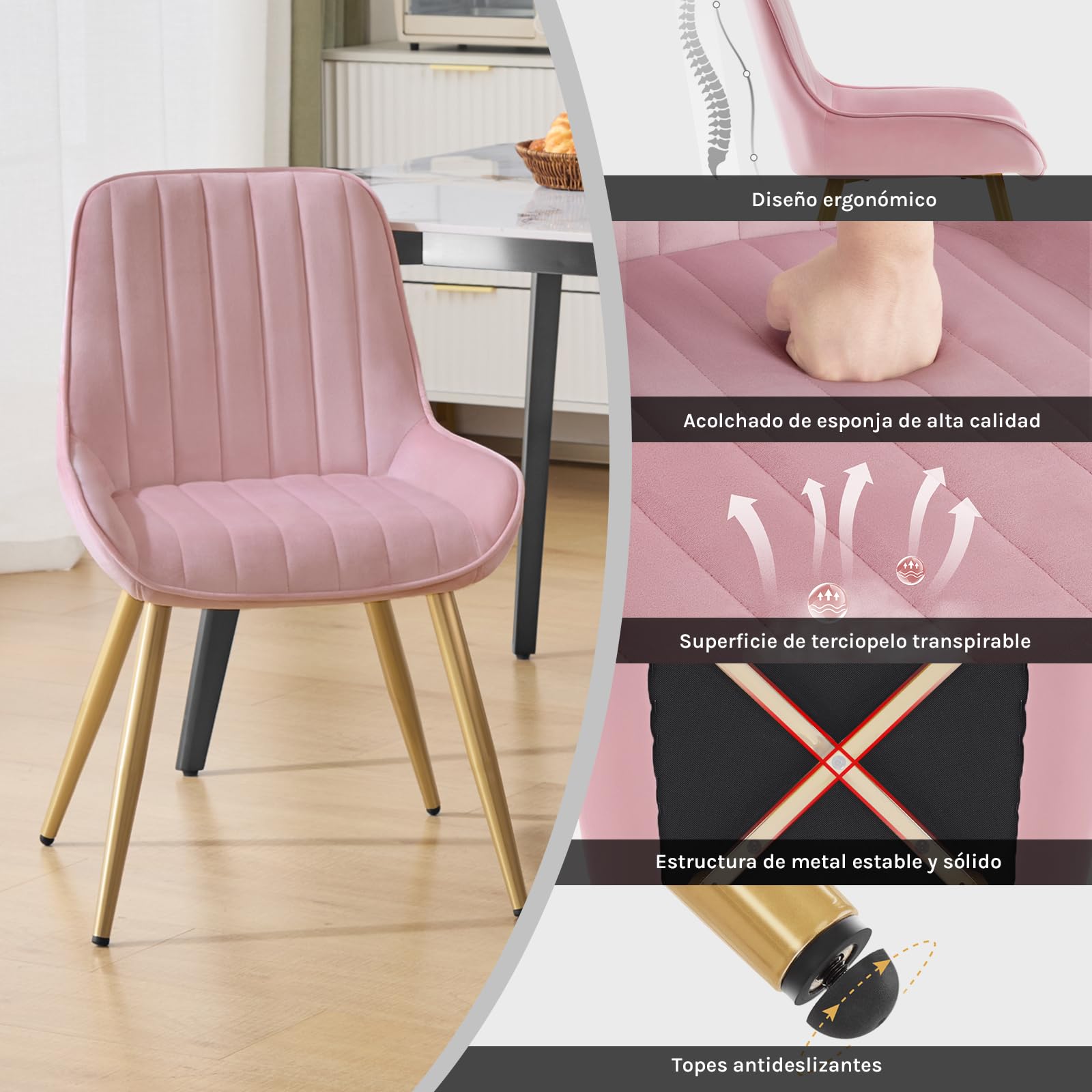 Lestarain Juego de 2 Sillas de Comedor,Terciopelo,Rosa | Ergonómicas, Salón y Dormitorio, Estilo Nórdico y Moderno