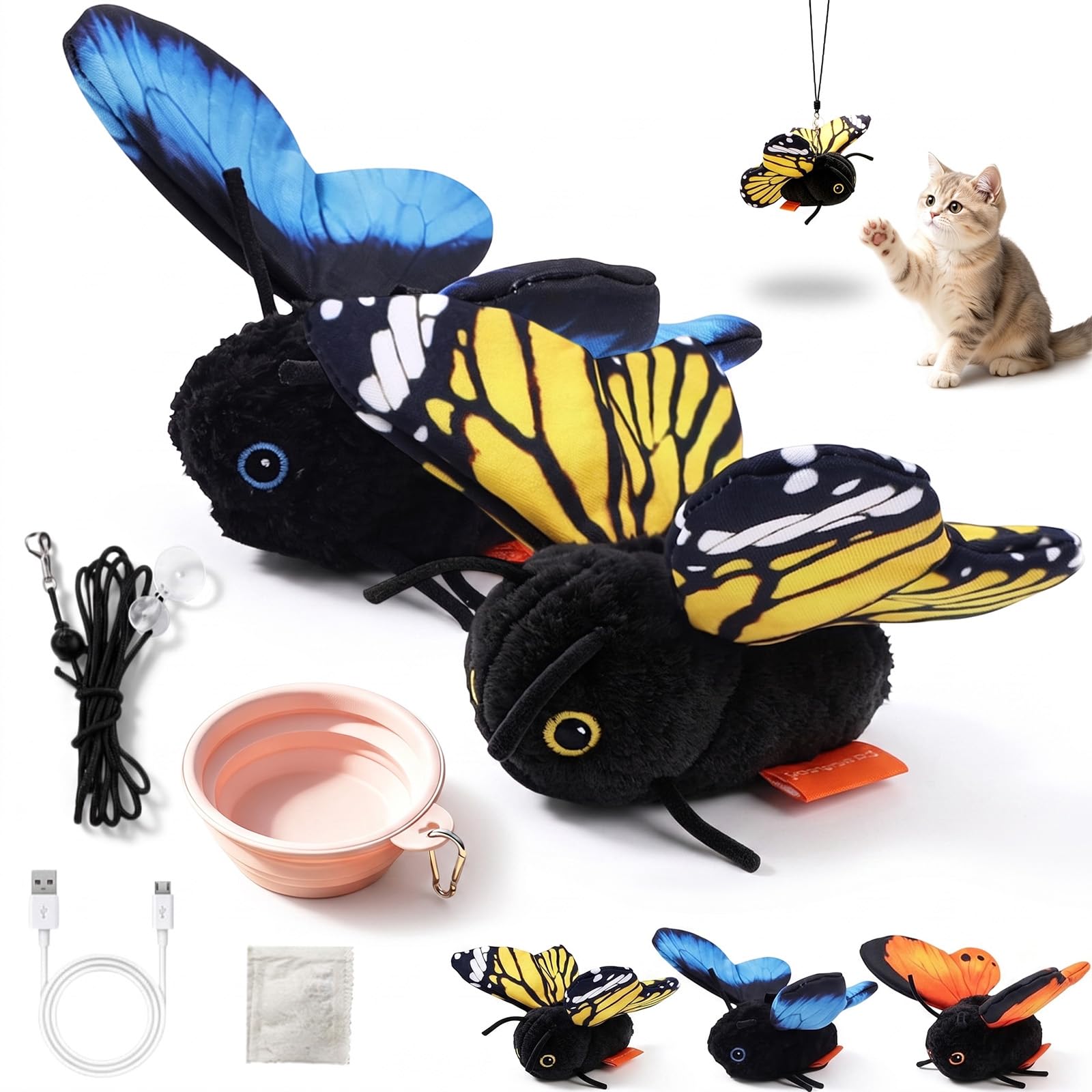 Giocattolo interattivo per gatti a forma di farfalla con sensore di movimento, Giocattolo interattivo per gatti a forma di farfalla, Giocattolo realistico ricaricabile per gatti (Gold+Blue)