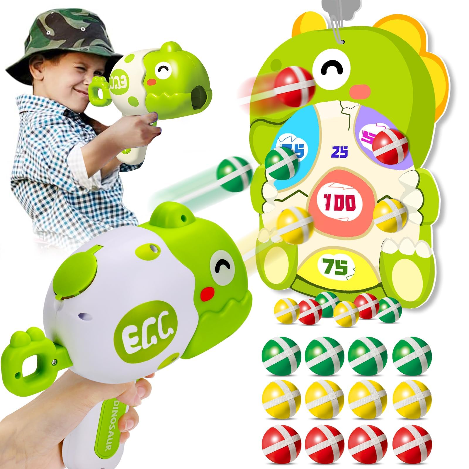 Dinosaur Shooting Games for Kids Dart Board with Dino Toy Guns 12 PCS Velcro Sticky Balls Target Shooting Toys for Boy Girl 3 4 5 Interactive Indoor Outdoor Toys for 3 + Year Old Birthday Party Gift