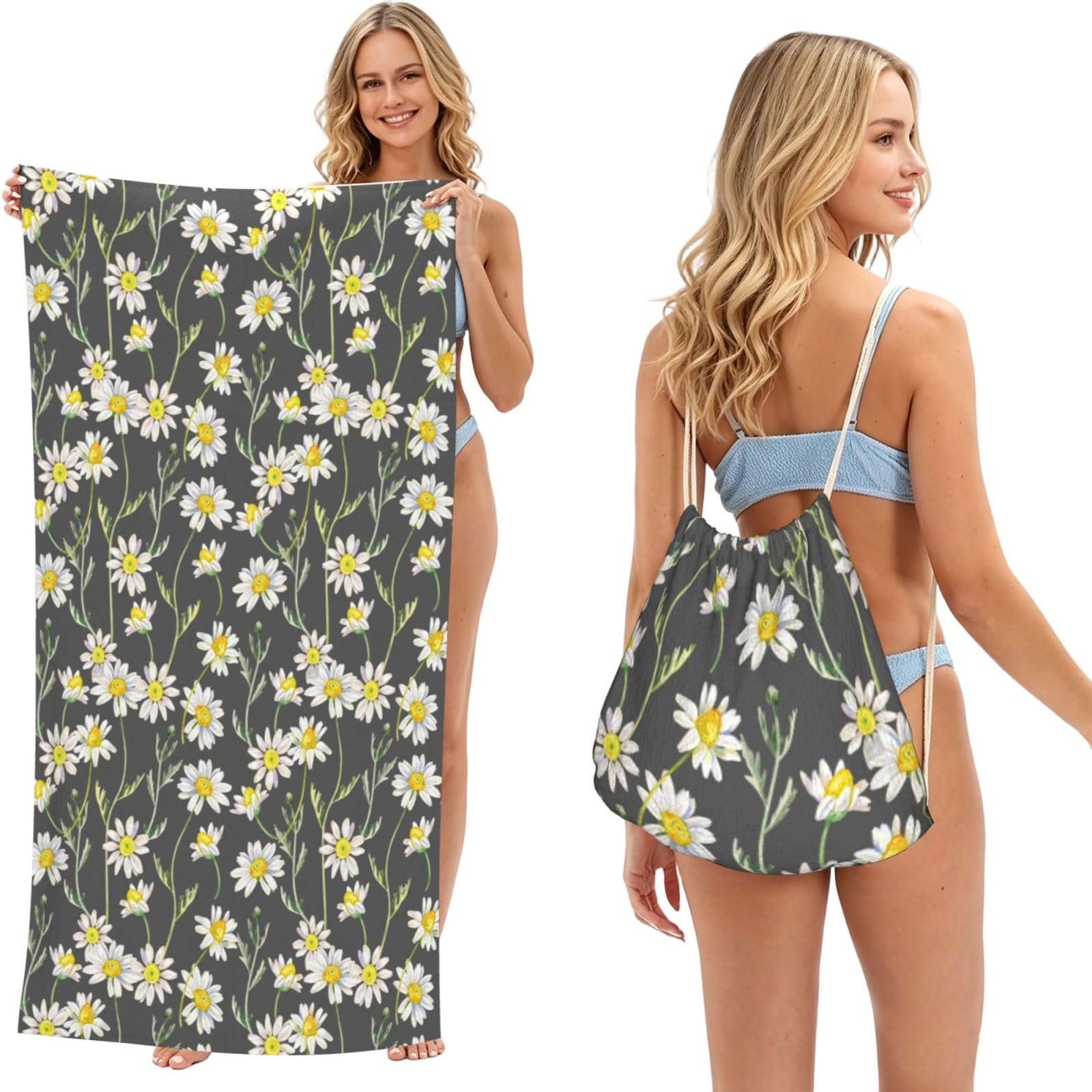 Poadnly As Picture Hand Drawn Daisy Watercolor Pattern, 2 In 1 Packable Towel Bag, Beach Towels With Drawstring Backpack For Travel Holiday Camping