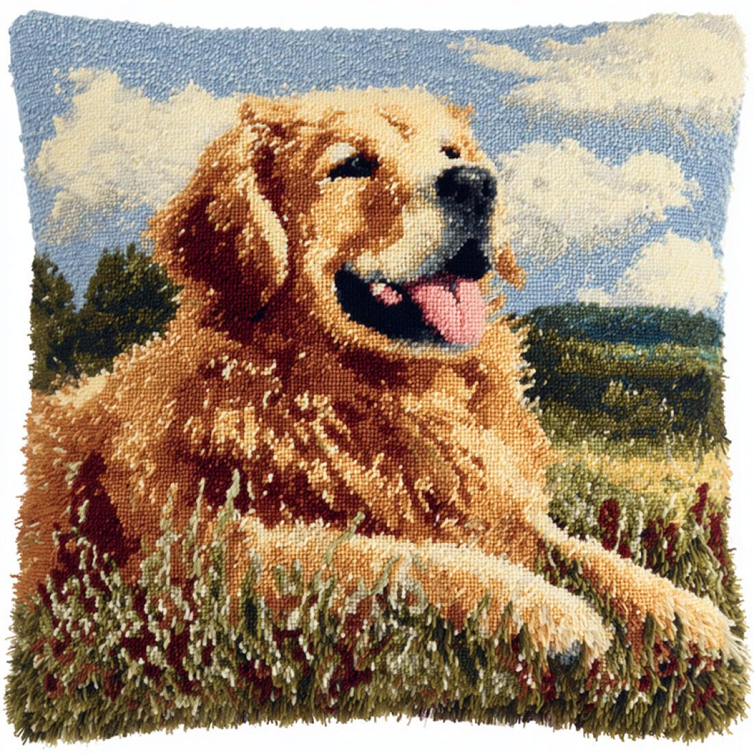 Kitquiver Animal Latch Hook Cushion Set Golden Retriever Portrait DIY Latch Hook Kits Pillow Needlepoint Cushion Kit for Home Décor Needlework Set for Adult Beginners 17x17In