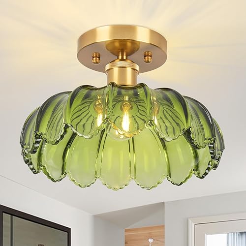 Miniatura 12 de Lámpara de Techo Semiempotrada, Luces Vintage de Pasillo E26 Accesorio de Techo Verde de 11" Accesorios de Luz Vintage para Armario Pasillo Cocina