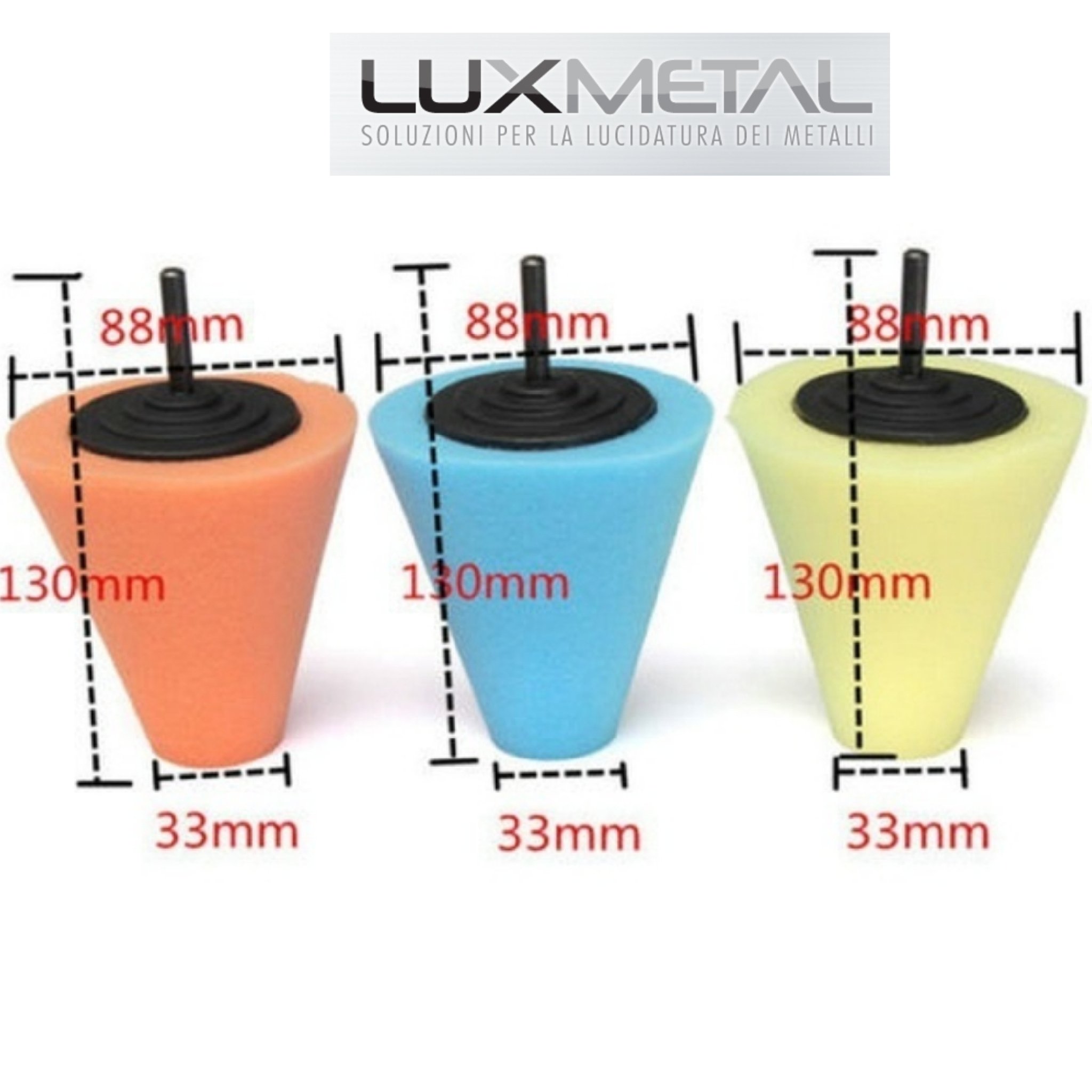 3 Coni, Arancio, Blu, Giallo in Spugna lucidatura lucidare Pulire tampone Disco Pasta abrasiva Polish Ruote in Lega Cerchio a Raggi cromatura Alluminio Acciaio Inox Ottone