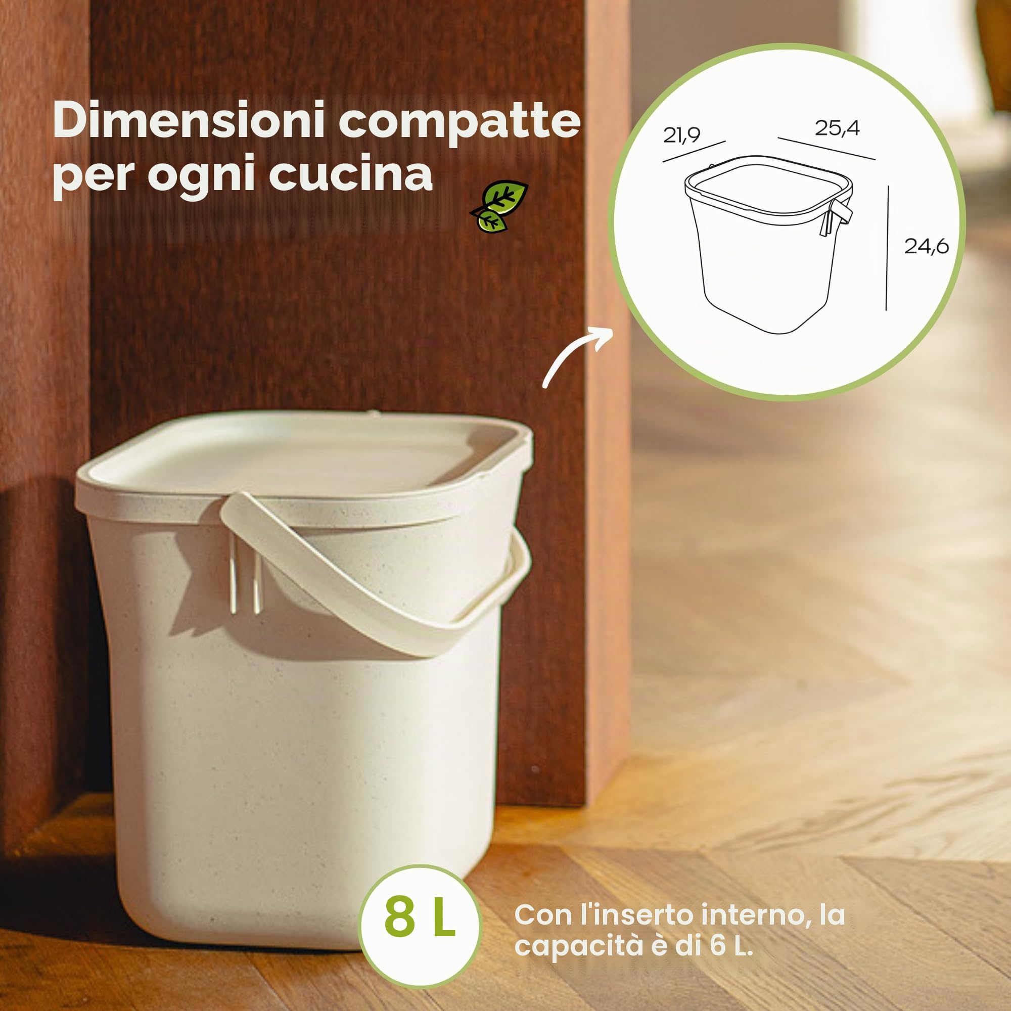 Urbalive Design - Pattumiera biologica, 8 l, con colino estraibile, secchio per compost da cucina con coperchio, piccolo cestino per rifiuti biologici quotidiani, lavabile in lavastoviglie, con