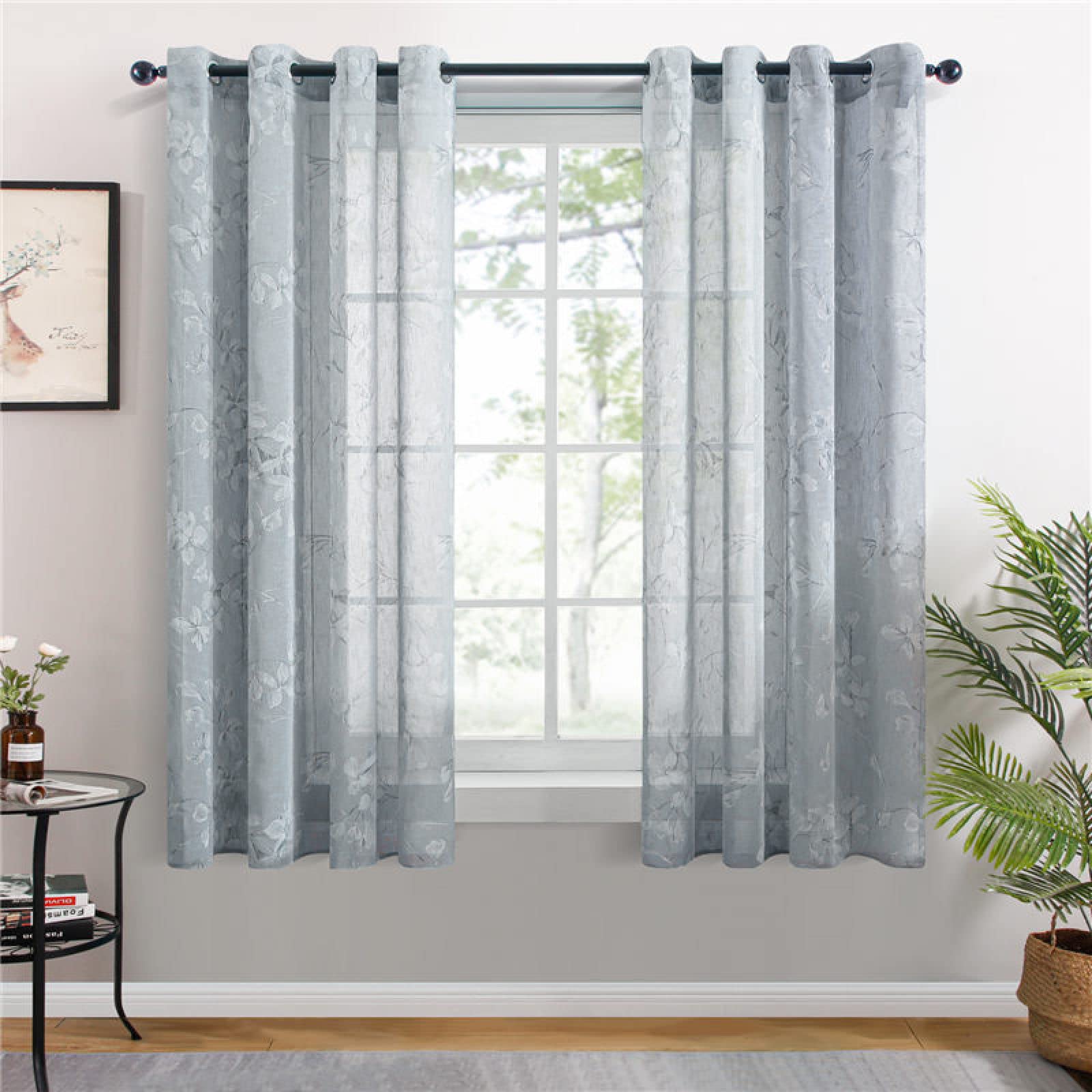 Cortinas opacas transparentes florales para sala de estar, con ojales, aspecto de lino, tela translúcida, decoración moderna del hogar, gris, 150 x 180 cm
