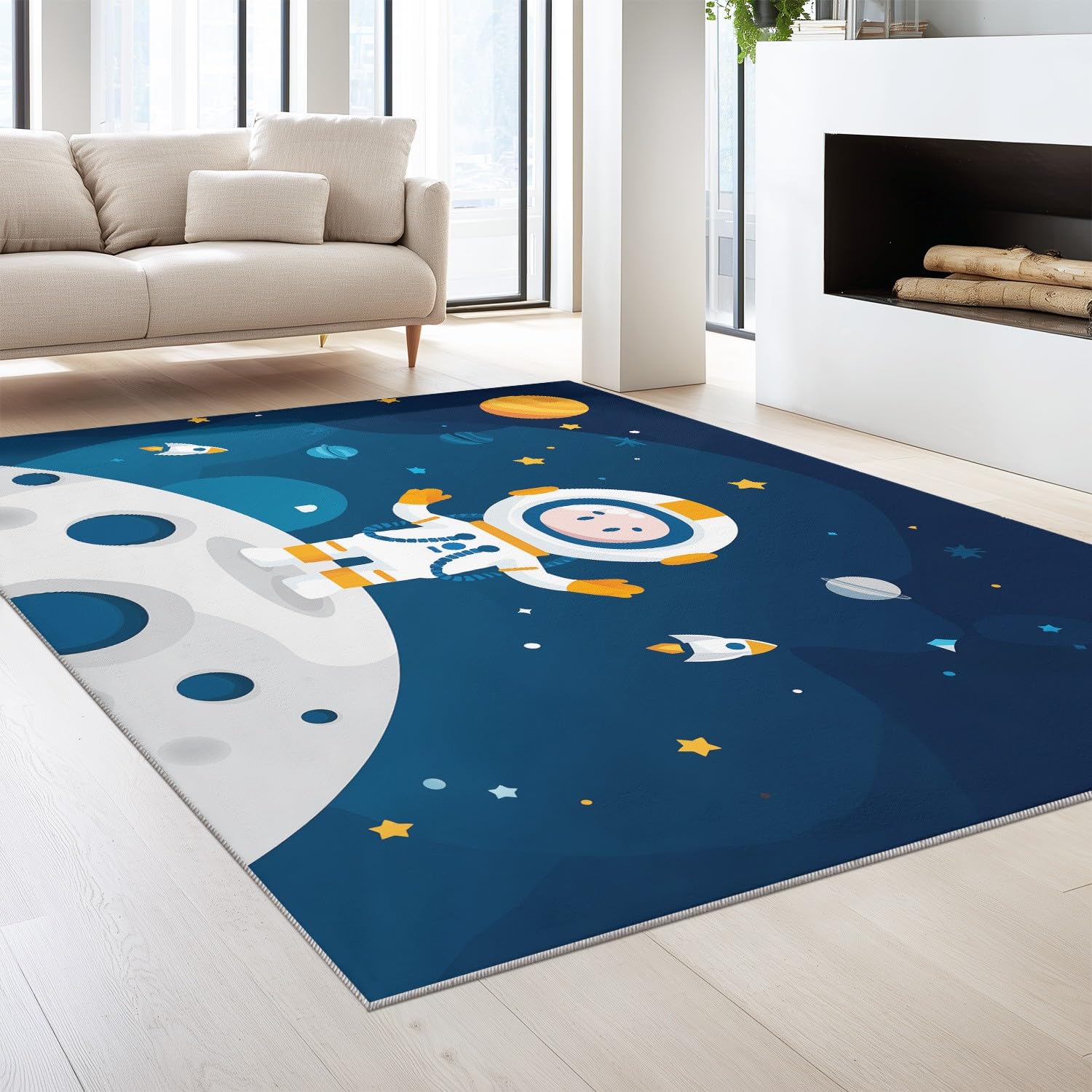 Générique Dywan nadający się do prania w pralce salon 120 x 160 cm Cartoon Dywan Przestrzeń Niski Włosie Miękkie Antypoślizgowe Śliczne Astronauta Rakieta Planeta Sypialnia Kuchnia Wejście Pokój
