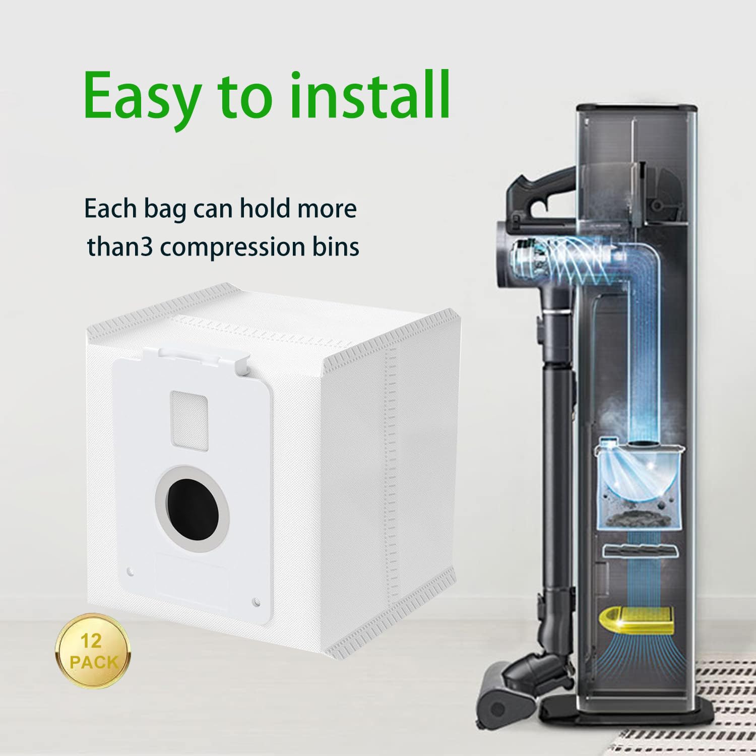 12 Pack Vacuum Dust Bag for LG CordZero All-in-One Cordless Cleaner A937KGMS,A939KBGS and A938KBGS, Dirt Disposal Cordzero Cordless Vacuum Bags Replacement Compatible with LG All-in-One Tower