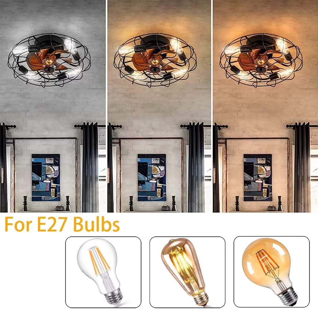 Ventilatori da Soffitto con Illuminazione e Telecomando Silenzioso Fan Plafoniera E27 Industriel Lampada con Ventilatore da Soffitto Timer 6 Velocità Retrò Fans Luce per Camera da Letto Soggiorno,Noir
