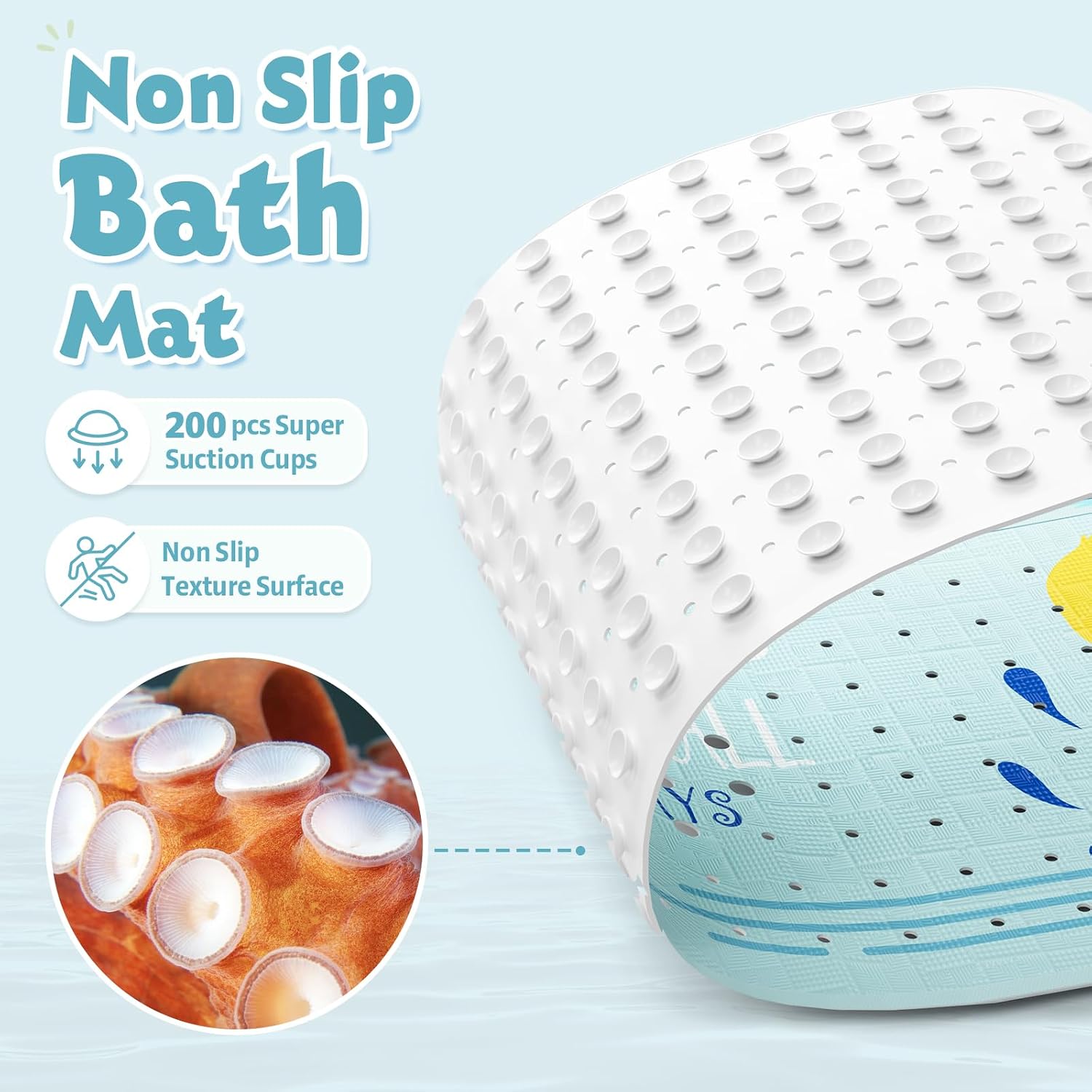 Baby Bath Mat for Tub Non Slip Kids, BPA Free Extra Long Bathtub Mat 40x16 with Drain Holes and 200 Suction Cups, Non Toxic Machine Washable Toddler Bath Mat, Eco-Friendly Certified