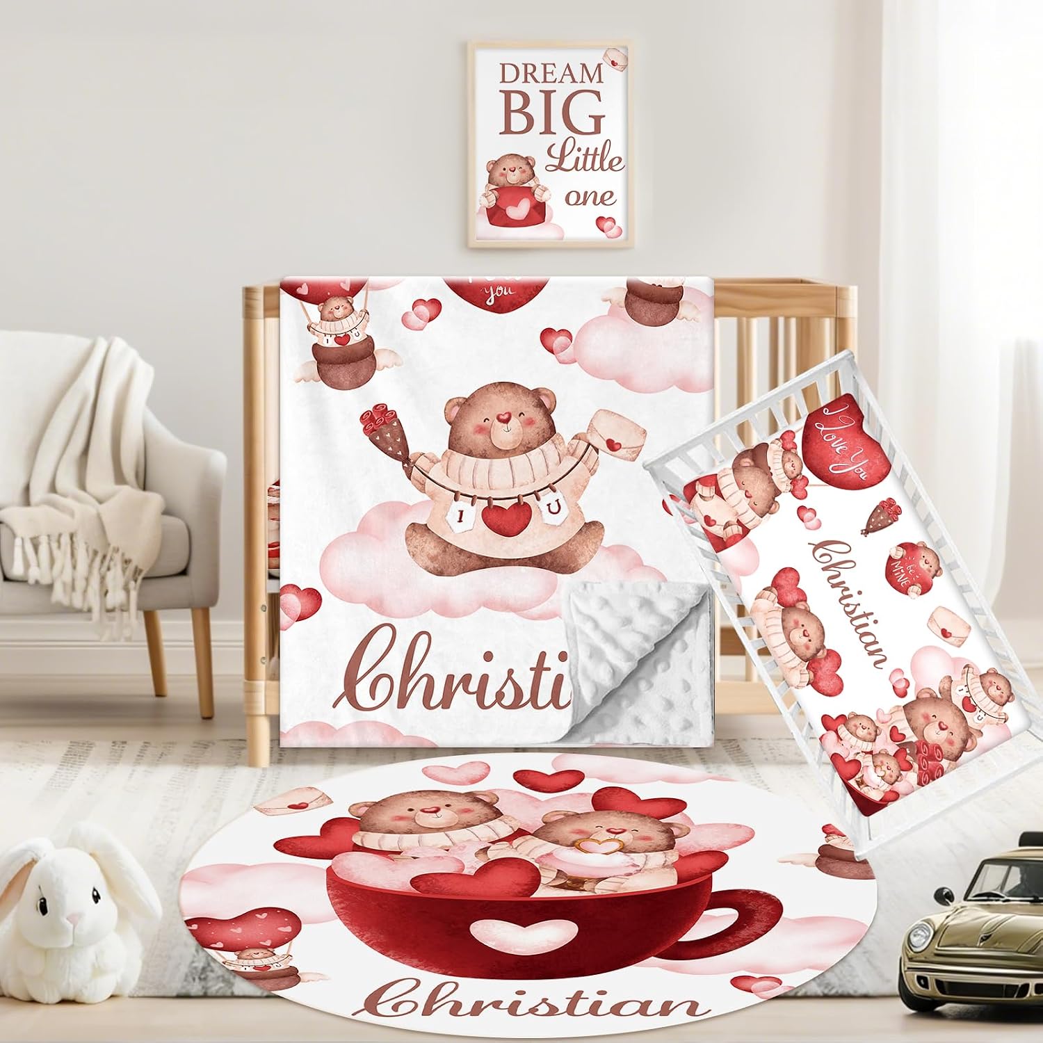 Custom Crib Bedding Set - Personalized Name Nursery Bedding Sets, 3 PCS Forest Animals Theme Baby Crib Bedding Set for Girls Boys, Double Layer Baby Bed Sets for Infant Newborn Customized Gift