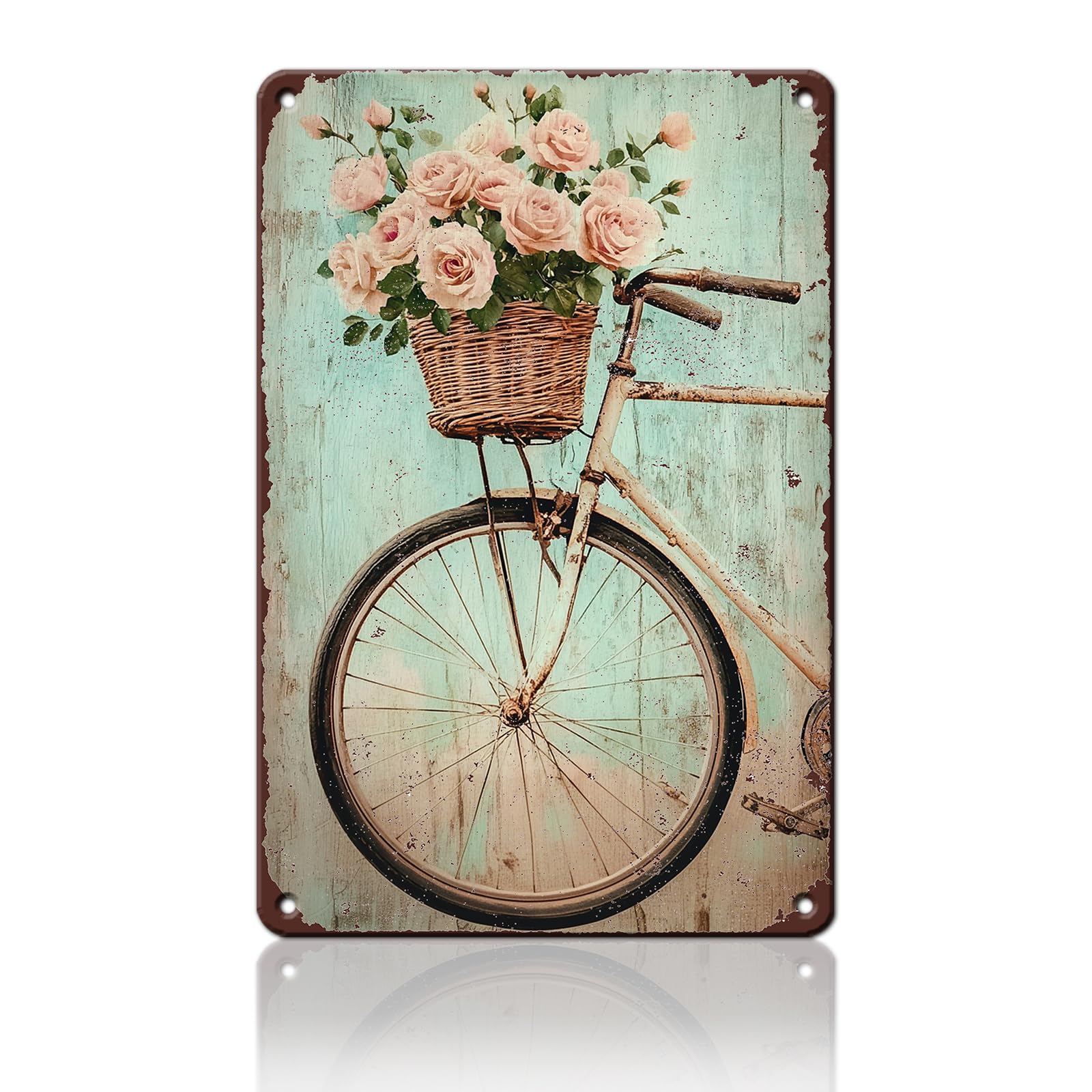 Anceky Vintage Bike with Flower Red Rose Metal Sign Retro Tin Sign Wall Decor for Plub Porch Home Garage Farmhouse 12×16 Inch