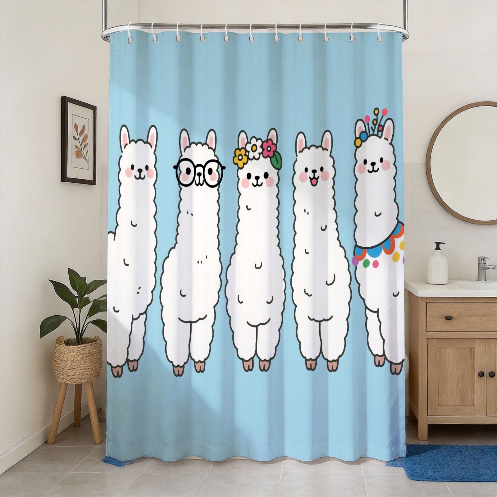 Hongduo 3D Cute Alpaca Shower Curtain for Stalls Bathtubs Cute Bathroom Decor Shower Curtain Set Polyester Fabric Waterproof 180x200cm/71X79 Inch with Hooks