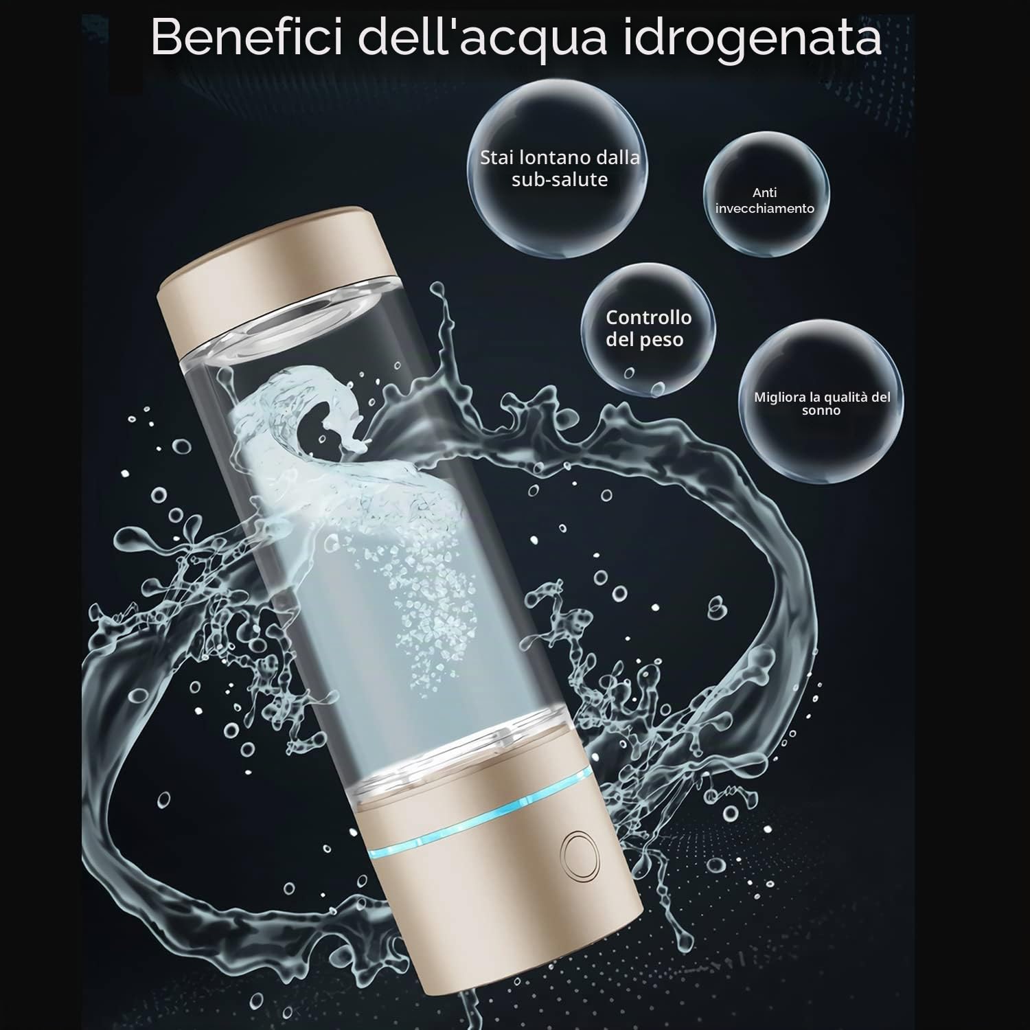 Generatore di idrogeno, Acqua ionizzata con tecnologia SPE e PEM, Bottiglia 240ml, Concentrazione fino a 4500 PPB