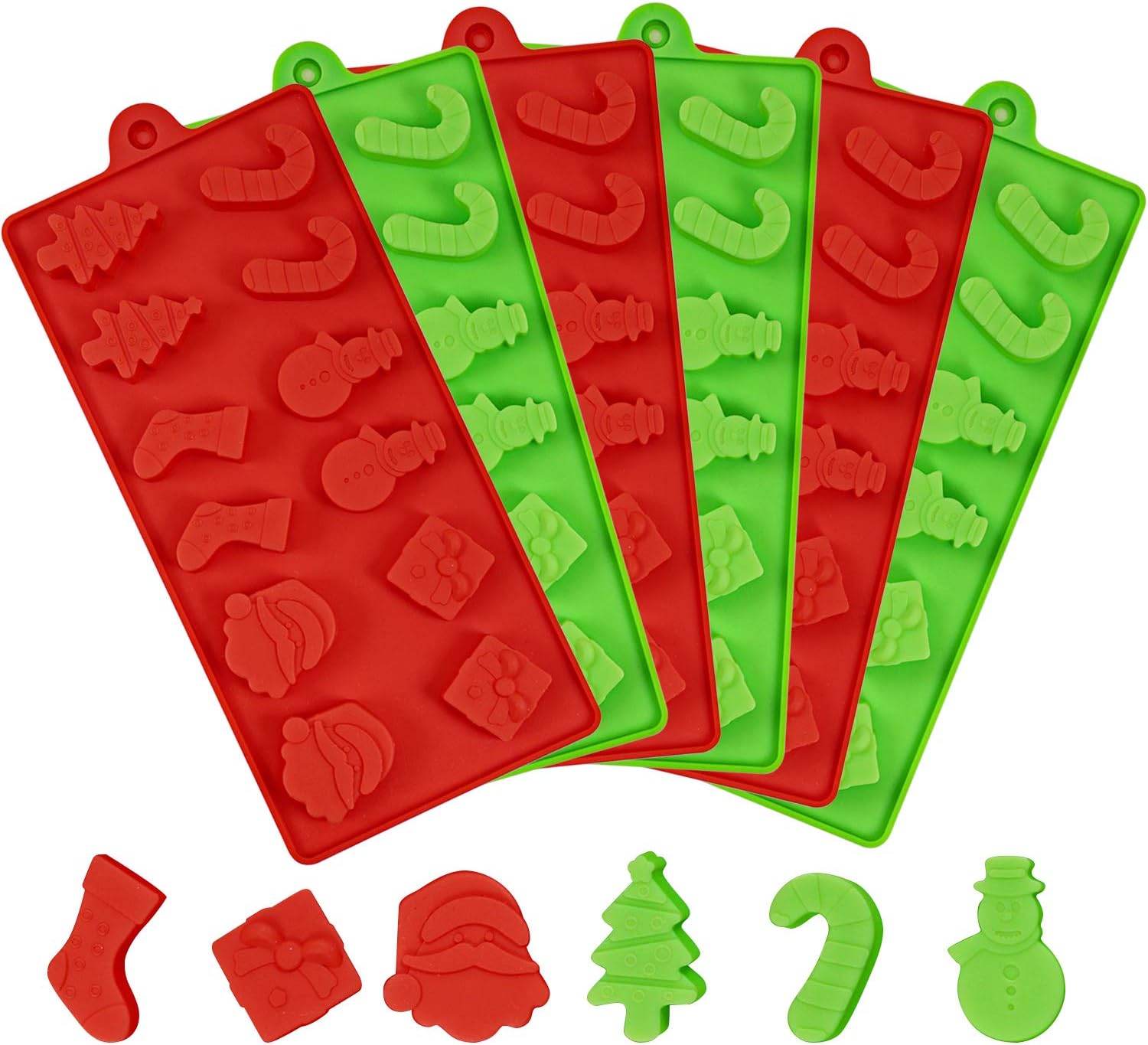 Aneco 6 Pieces Christmas Silicone Cake Chocolate Candy Molds Set Non Stick Candy Molds Cookies Baking Trays Pan with Christmas Elements Shapes for Party Decoration, 2 Colors