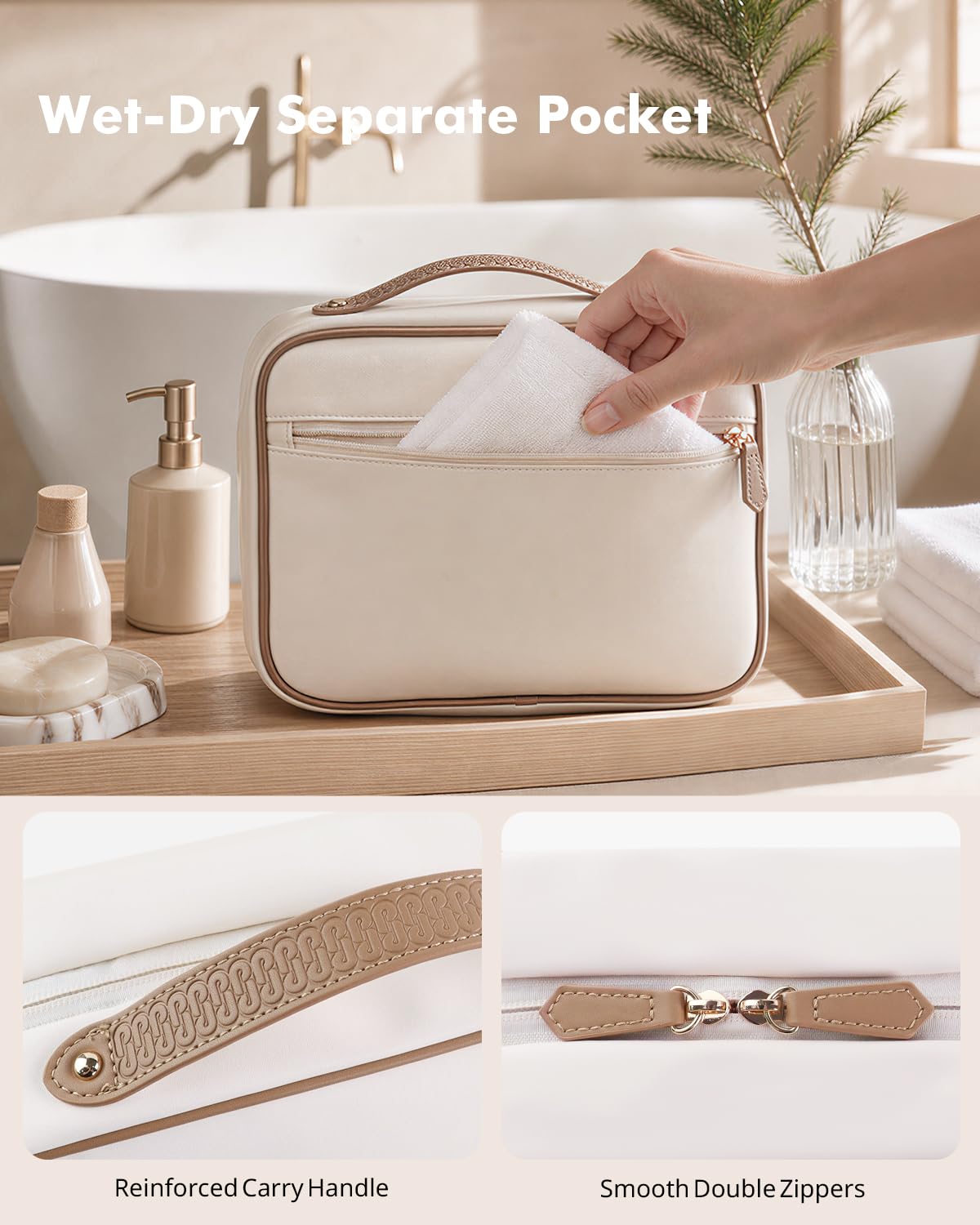 Prite Reise Kulturtasche Damen zum Aufhängen mit Schmuckfach, Beige, L | Kosmetiktasche,Kulturbeutel,Abnehmbare TSA-konforme Tasche,Zwei Größen,Faltbare,Veganes Leder,Wasserfeste TPU-Innenfutter