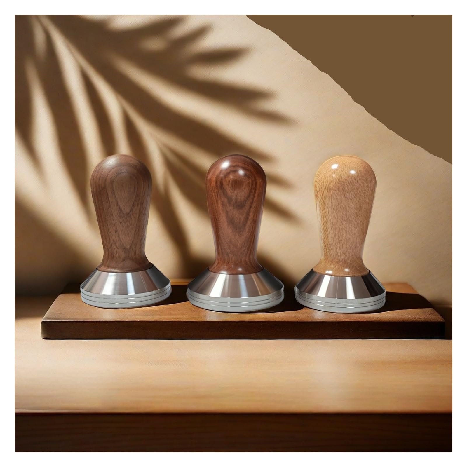 Prensador espresso, mango de madera, base de acero, 51 53 58mm