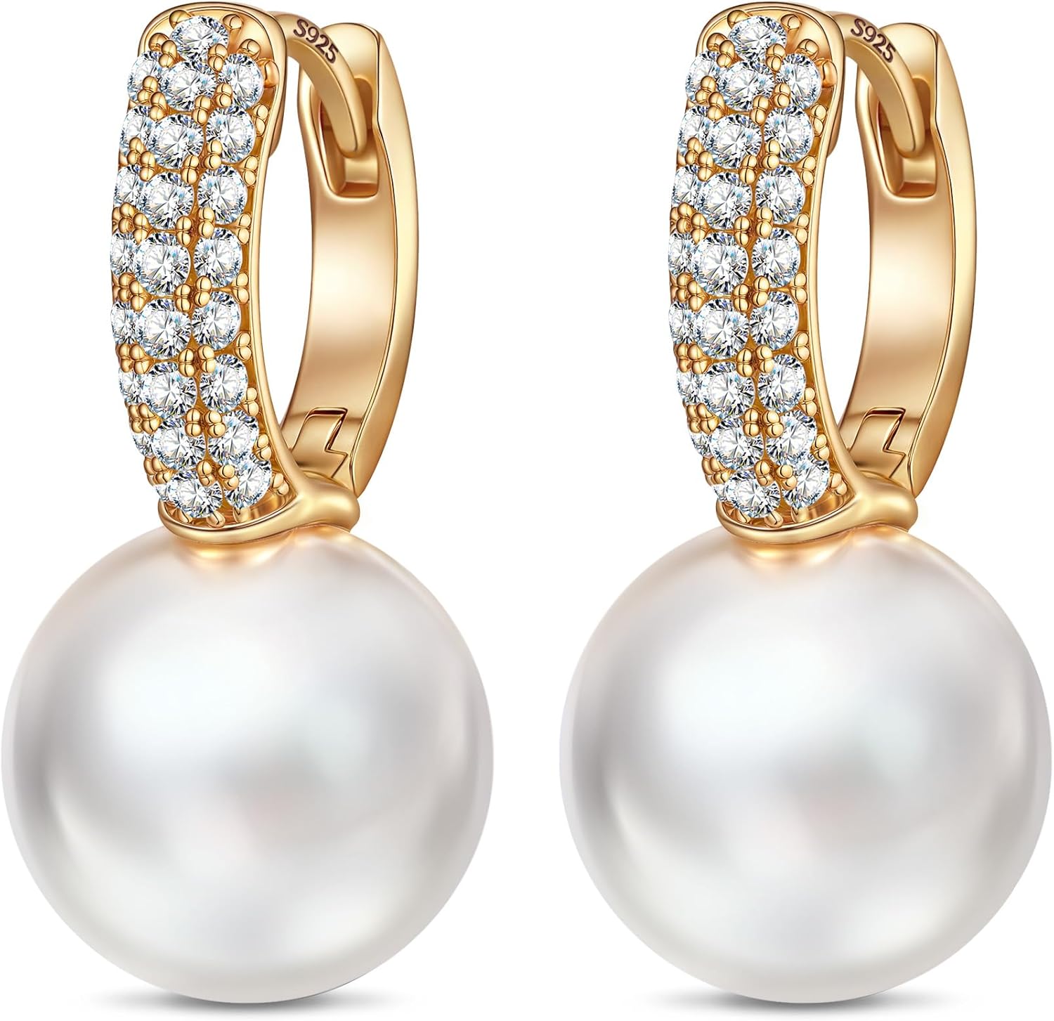 12MM Sterling Silver Pearl Earrings, Created with Swarovski® Pearls, 14K Gold Plated Hoop, Jewelry Gift Anniversary, Birthday, Valentine’s Day Wedding Something New