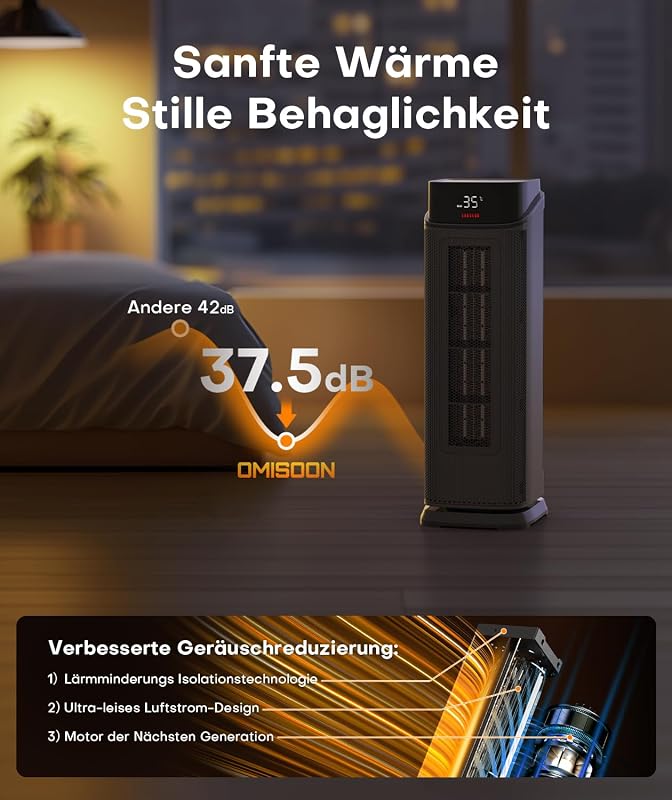 OMISOON 2000W PTC ventilátoros fűtőgép termosztáttal, 24H időzítővel és távirányítóval