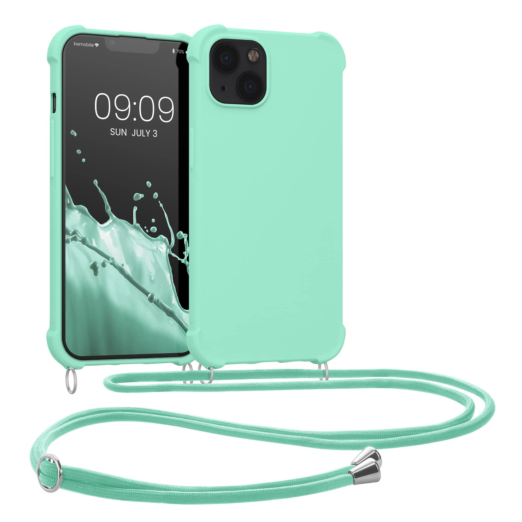 kwmobile Case Compatible with Apple iPhone 13 - Crossbody Case Soft Matte TPU Phone Holder with Neck Strap - Mint