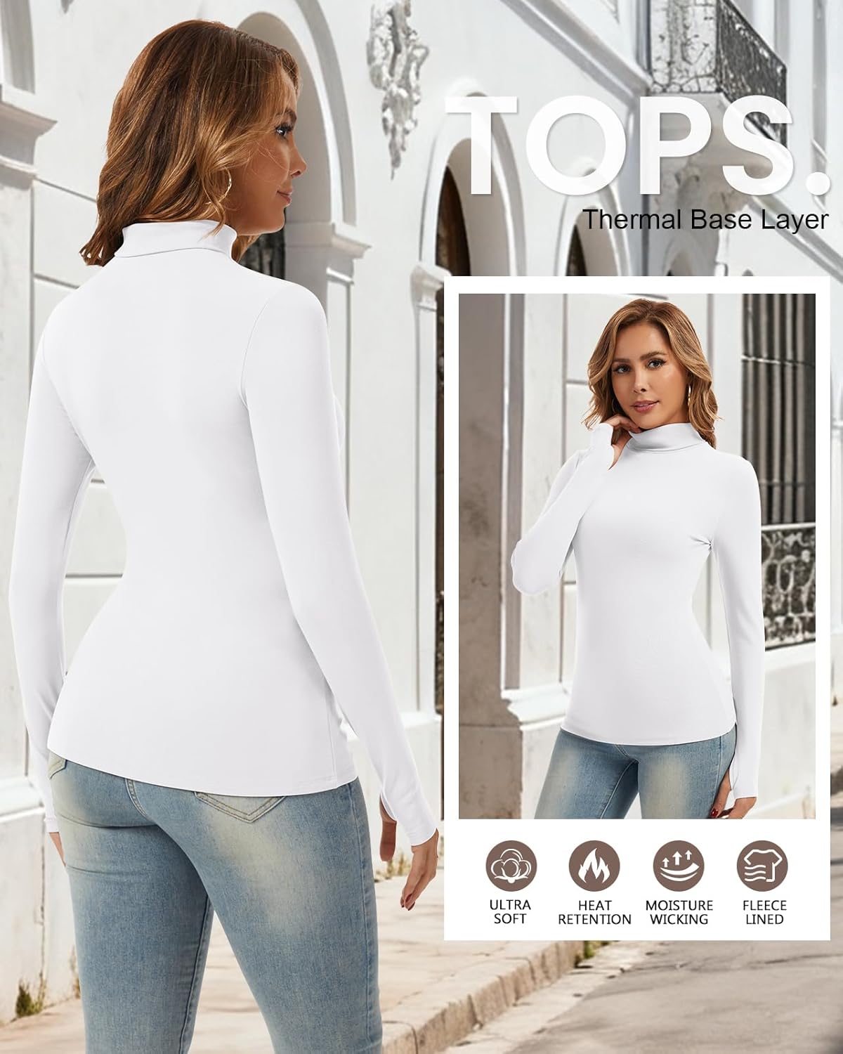 WOWENY Women's Thermal Fleece Long Sleeve Shirt Mock Neck Tops Winter Warm Cold Weather Undershirts with Thumb Holes Pockets