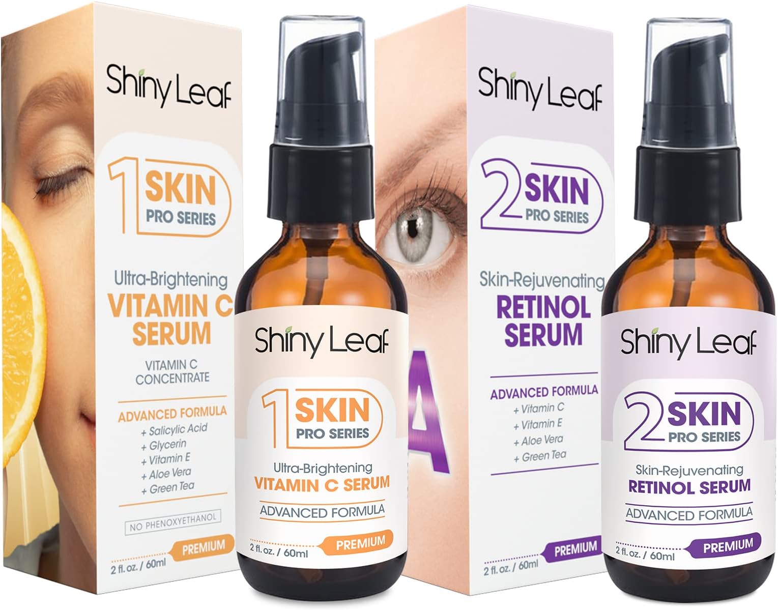 Shiny Leaf Vitamin C Serum and Retinol Serum Bundle, Professional Skincare for Anti-Aging, Infused with Vitamin E, Natural Moisturizers, Clears Acne and Blemishes, Fades Sun Spots, Rejuvenates Skin (2 x 2 fl. oz.)
