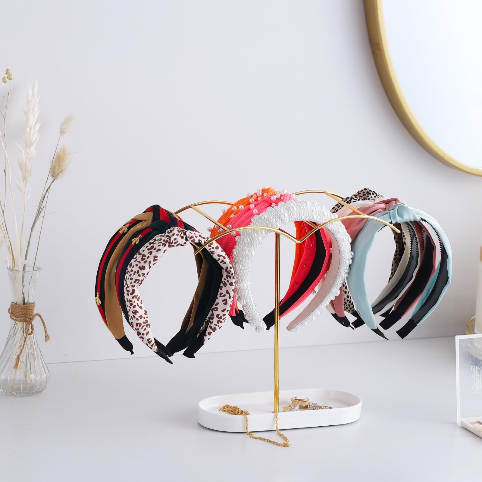 KELEQUI ZAP Headband Holder with Ceramic Jewelry Tray,Headband Organizer for Women Girls,Hair Hoop Band Ear Display Stand,Aesthetic Vanity Hair Accessories Organizer for College Dorm Room Gold Decor