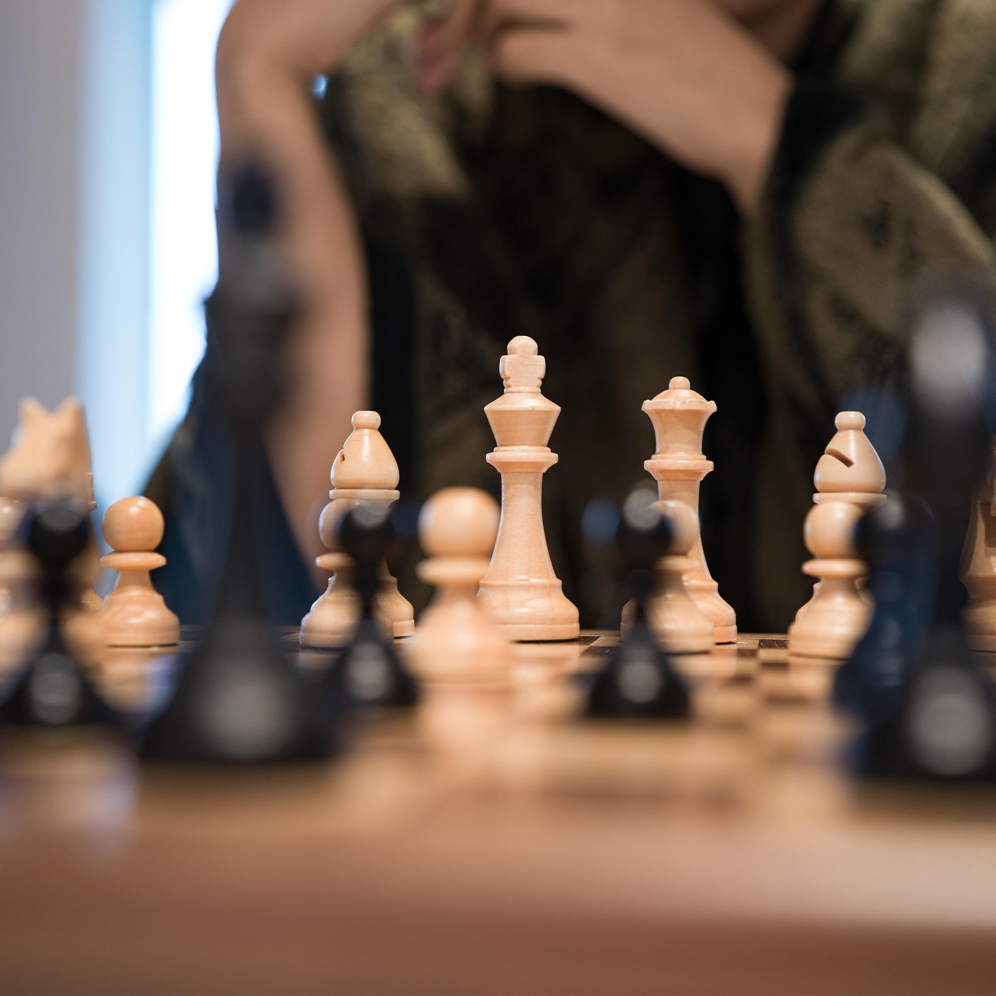 A&A 15 inch Wooden Folding Chess Set w/ 3 inch King Height Staunton Chess Pieces / 2 Extra Queens - Natural Walnut Wood
