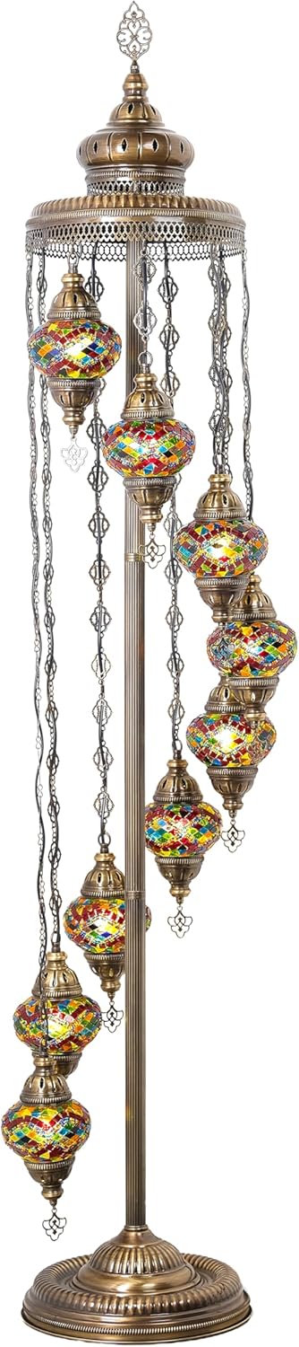 Mozaist Turkish Mosaic Floor Lamp with Bulbs – Handmade Multi Globe Moroccan Standing Lamp, Authentic Stained Glass Light, Bohemian Home Decor (Multicolor, 9 Globe Floor Lamp)